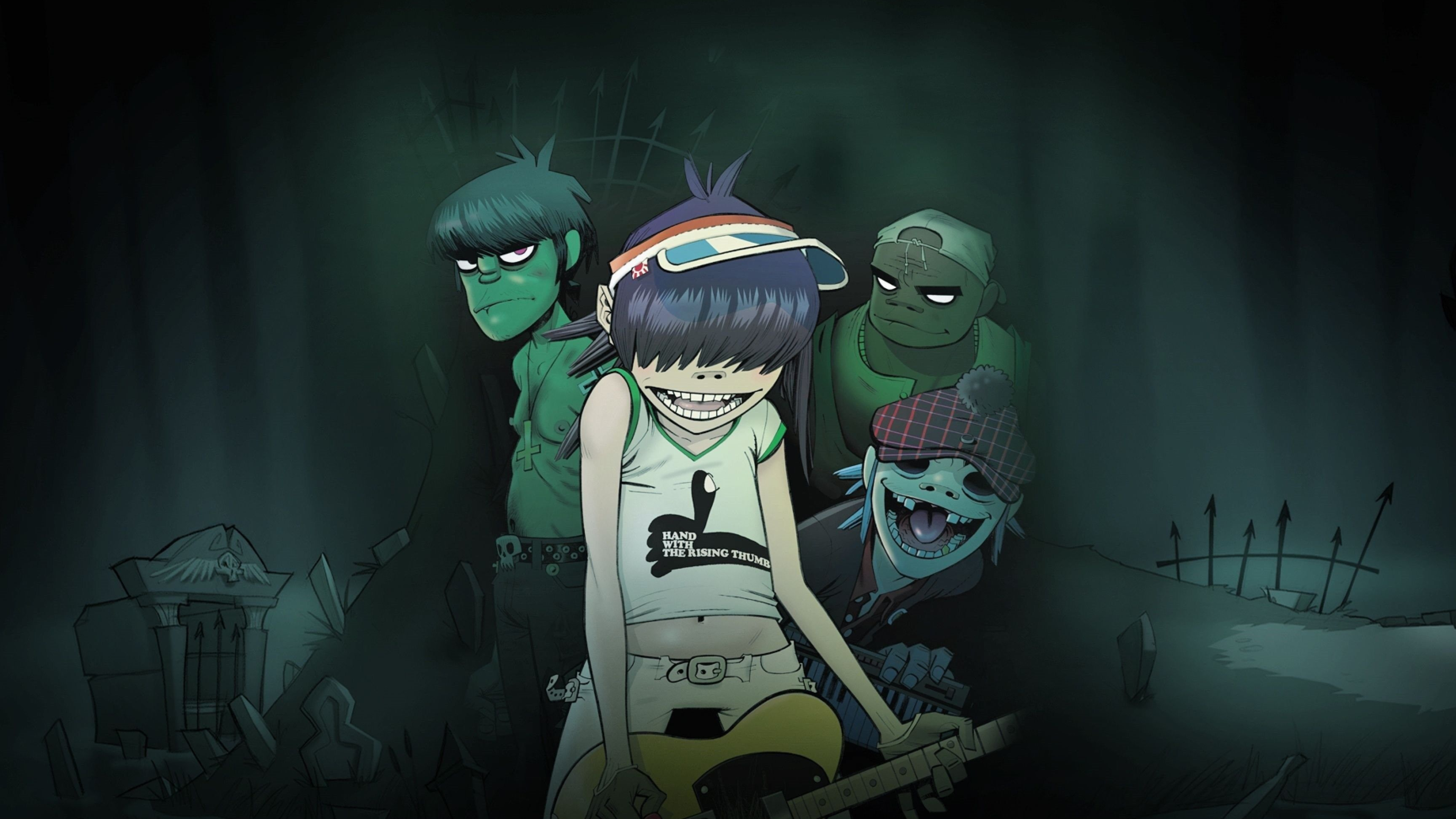 Noodle (Gorillaz): The beloved raunchy animated band members, 2-D, Murdoc Niccals, Russel Hobbs. 3840x2160 4K Wallpaper.