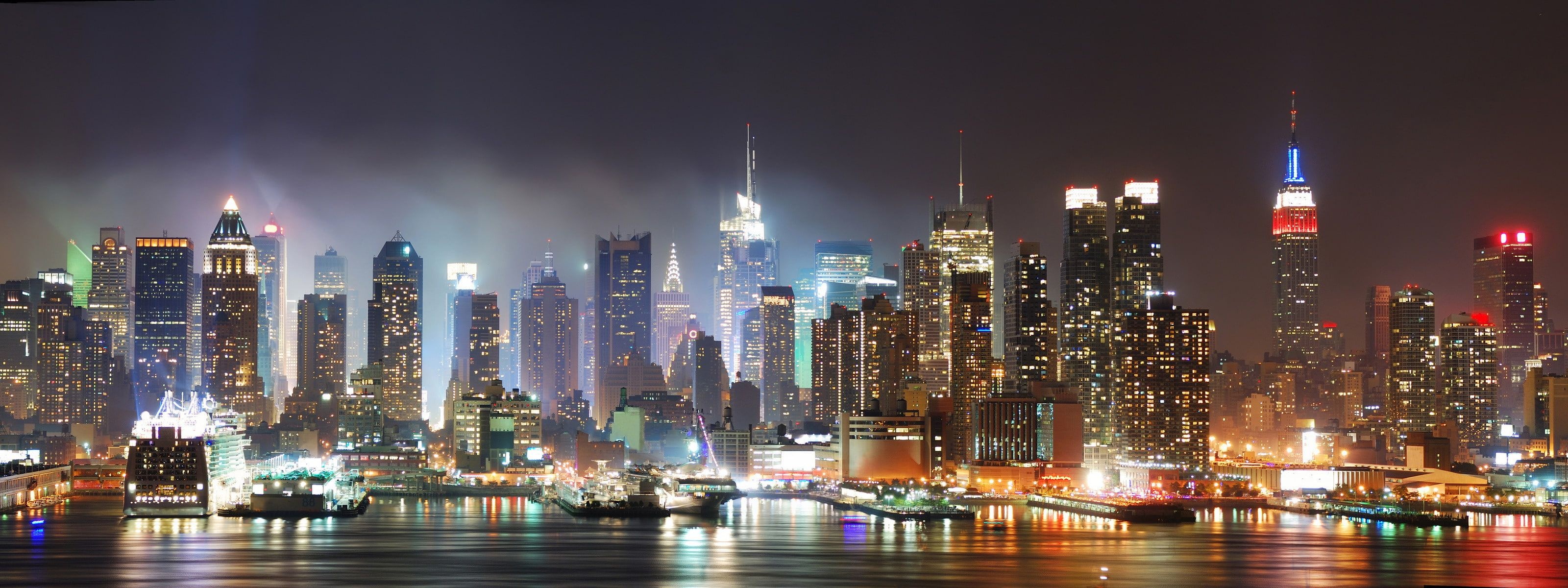 New York City Skyline at Night, HDR Lights, 3200x1200 Dual Screen Desktop