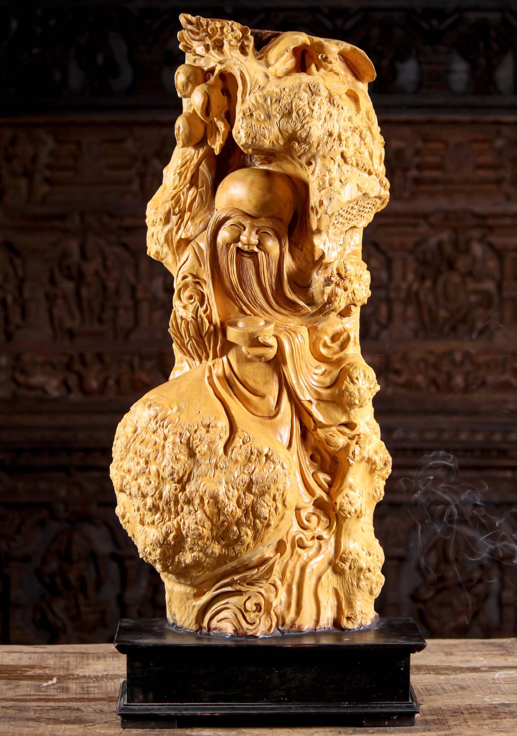 Ancient Chinese philosopher, Lao Tzu sculpture, Vietnamese burl wood, Hand-carved masterpiece, 1760x2500 HD Phone