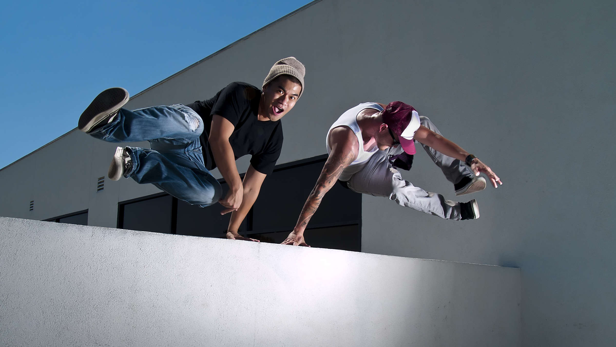 Parkour: One of the basic vault styles, Freerunning sport discipline. 2400x1350 HD Background.