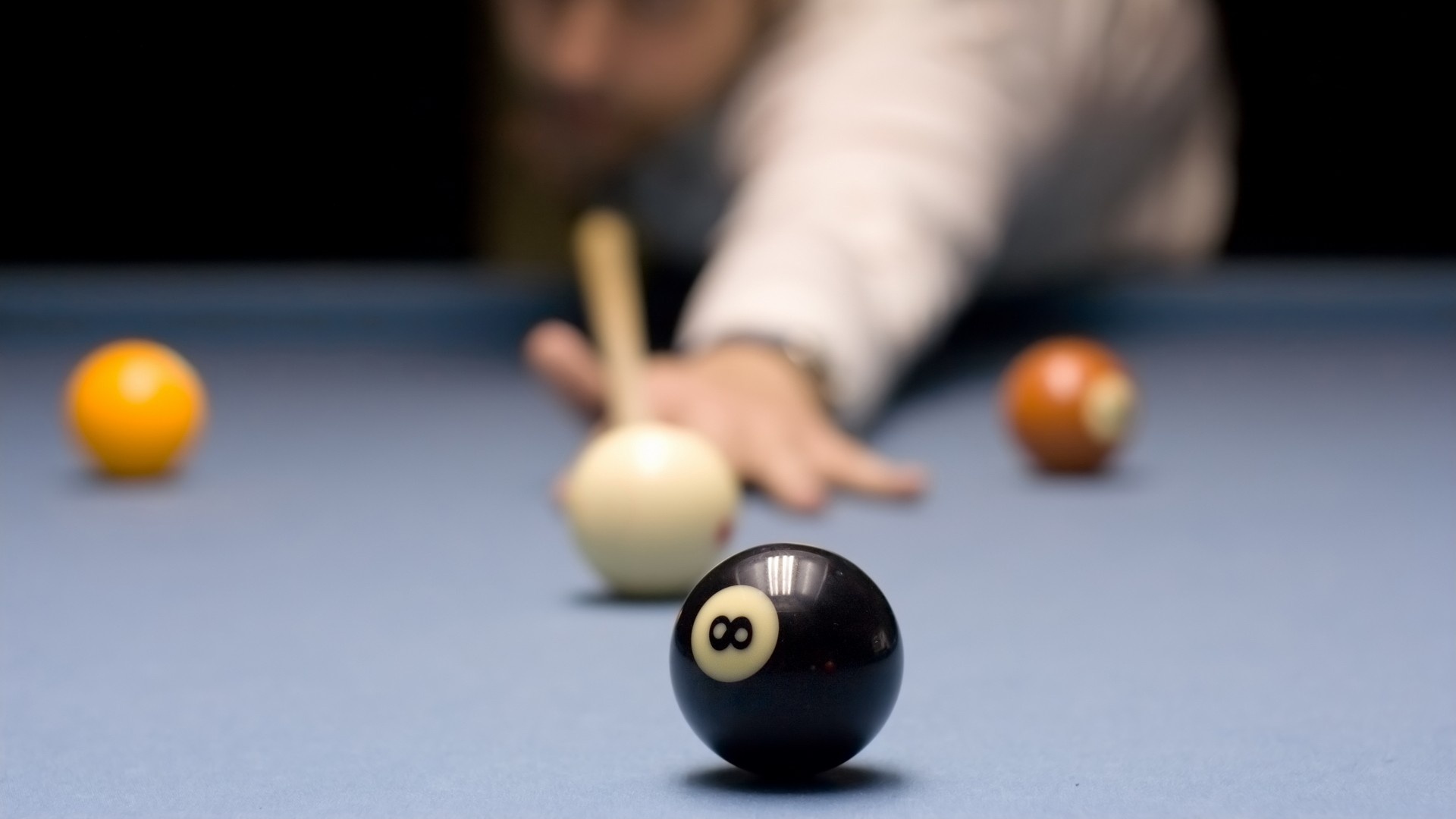 Cue Sports: Eight-ball, A pool billiards played on a billiard table with six pockets and sixteen billiard balls. 1920x1080 Full HD Background.