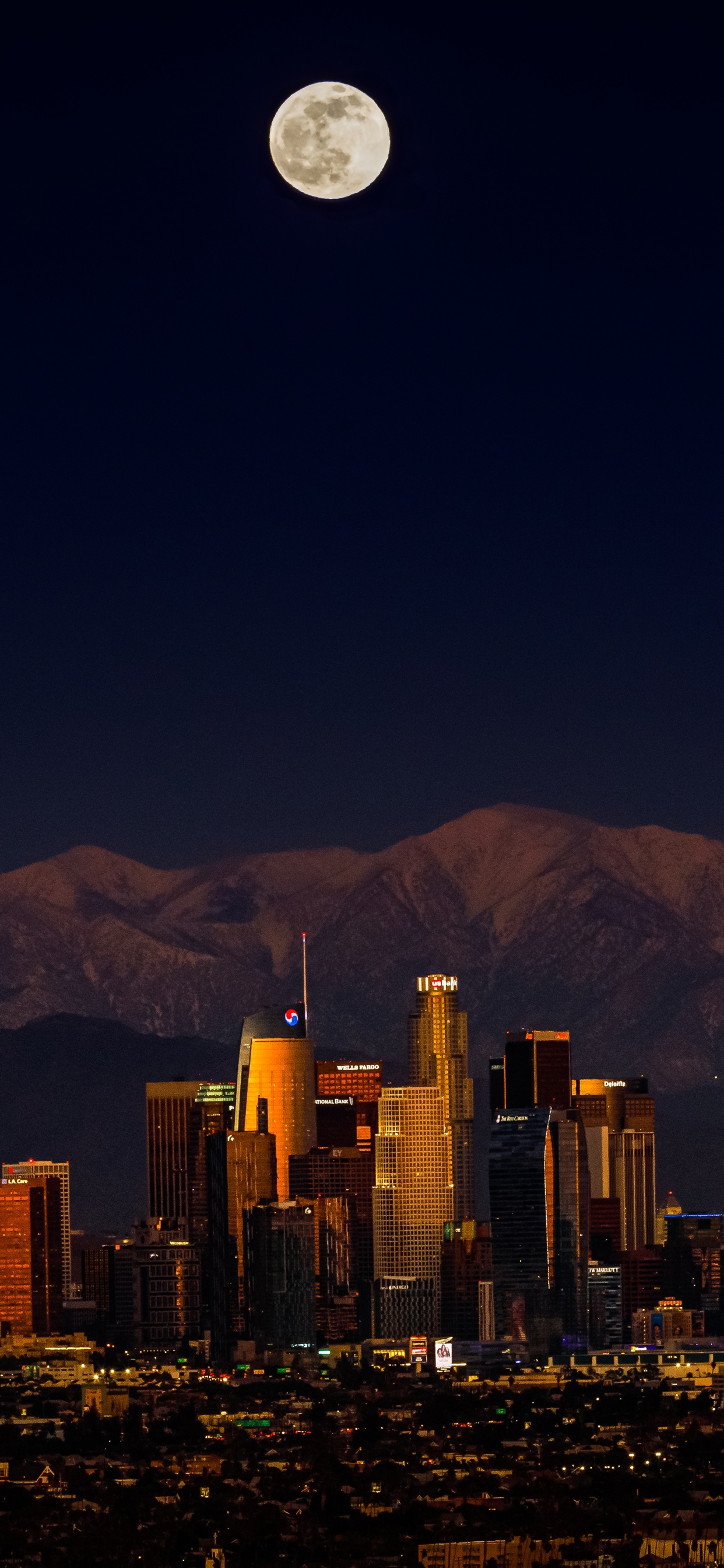 Los Angeles Skyline, Dark cityscape, Full moon ambiance, HD wallpaper, 1250x2690 HD Phone