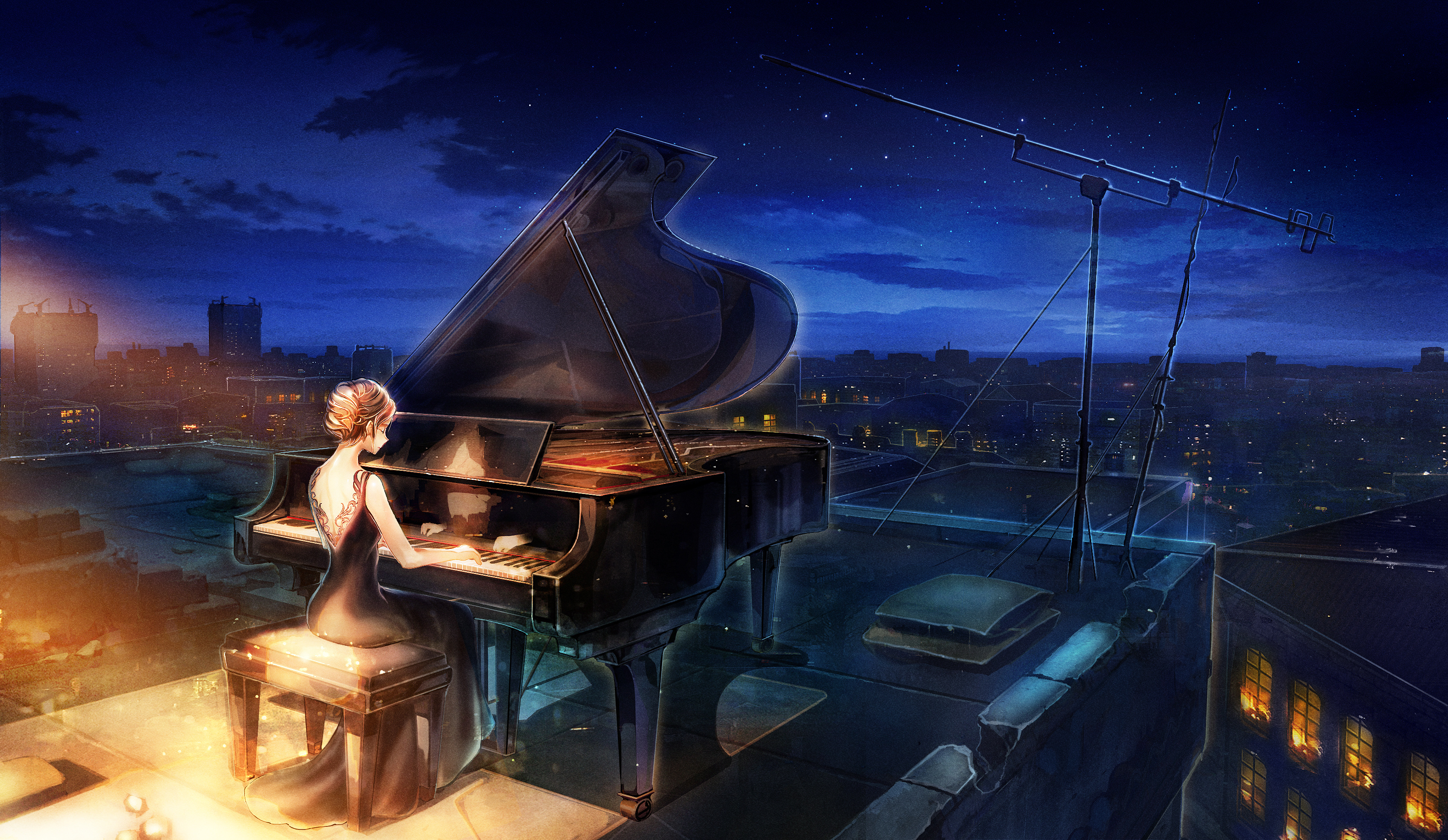 Grand Piano: Musician, Night city, Urban landscape, Music instrument with a keyboard and three pedals. 3300x1920 HD Wallpaper.
