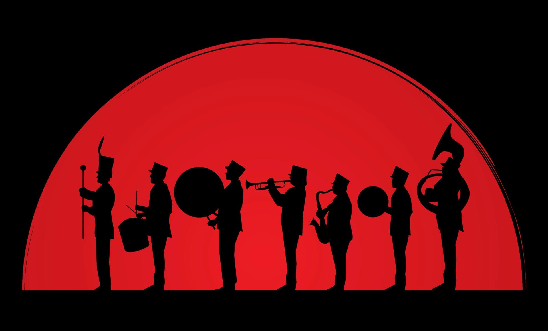 Marching Band: Vector Art, Silhouettes, A group of musicians playing instruments while walking together at a parade. 1920x1170 HD Wallpaper.