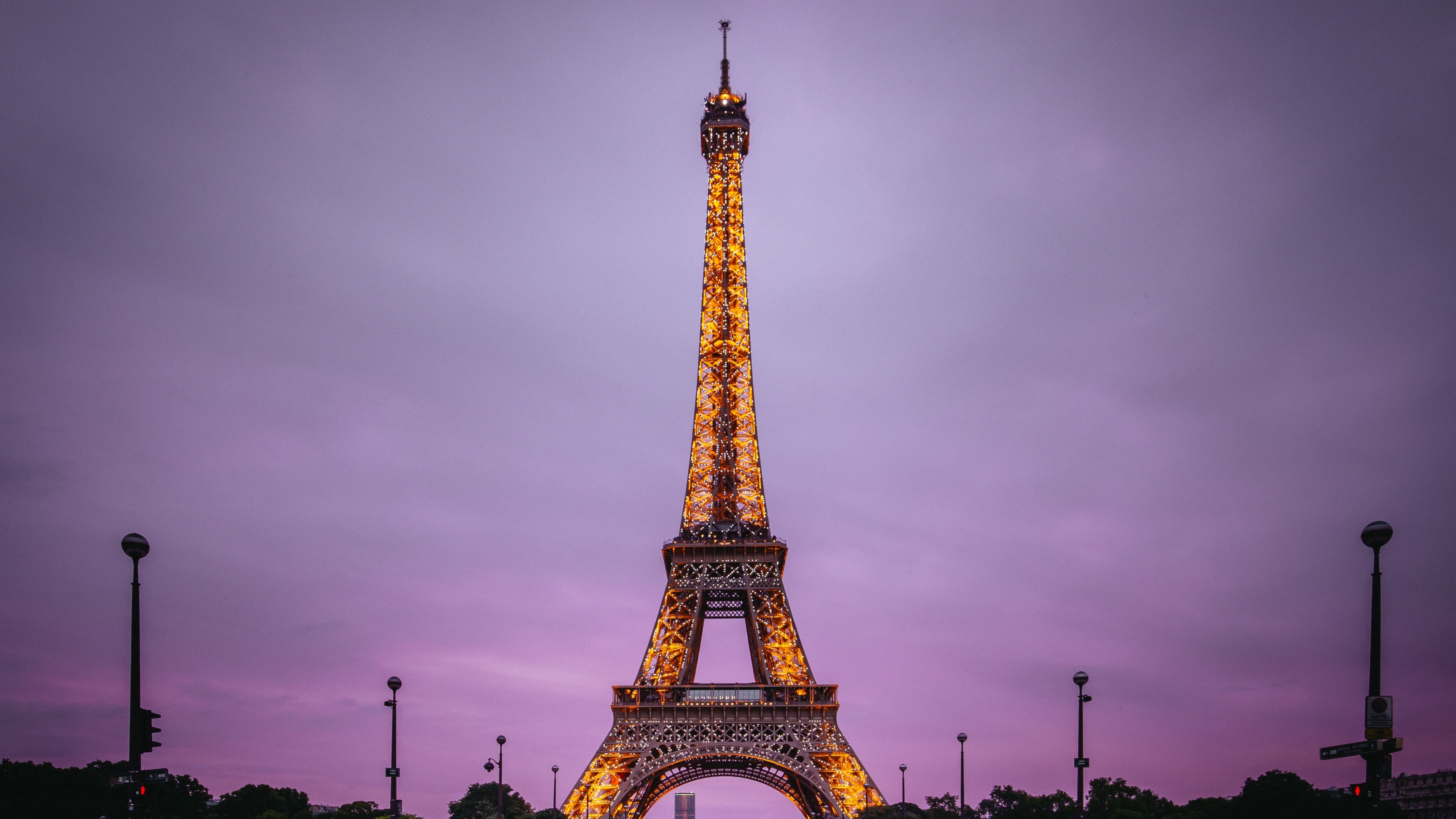 Paris: France, Evening, Purple sky, Lights, Landmark. 3840x2160 4K Background.