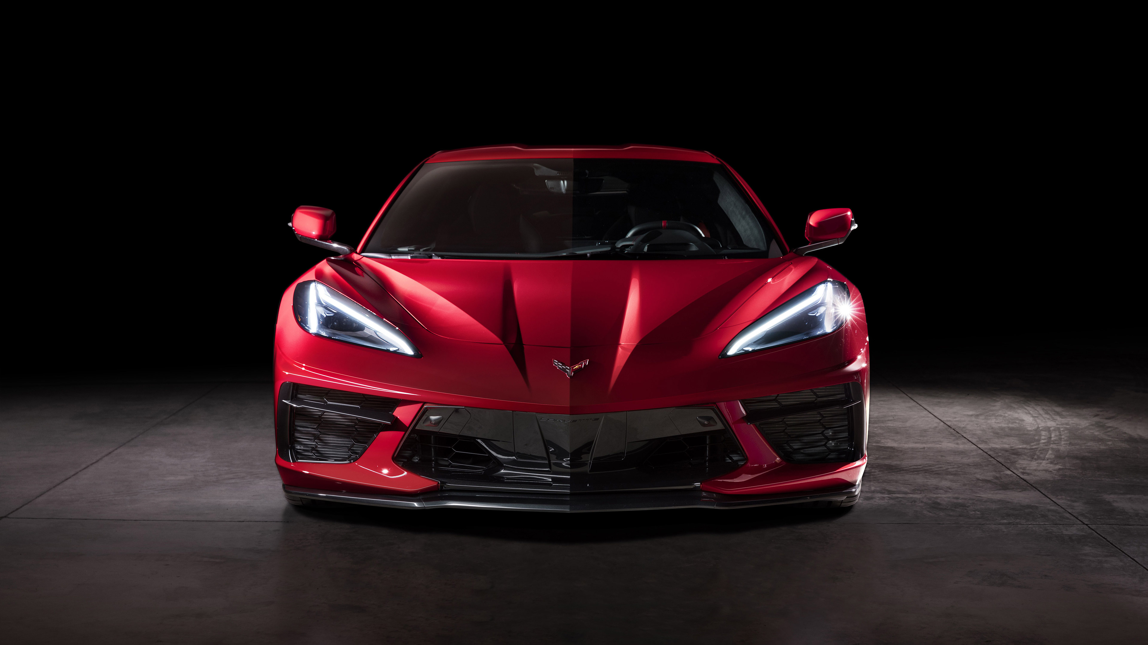 Corvette: The 2020 Chevy C8 Stingray, A red sports car, Adaptive LED lights, A supercharged engine. 3840x2160 4K Wallpaper.