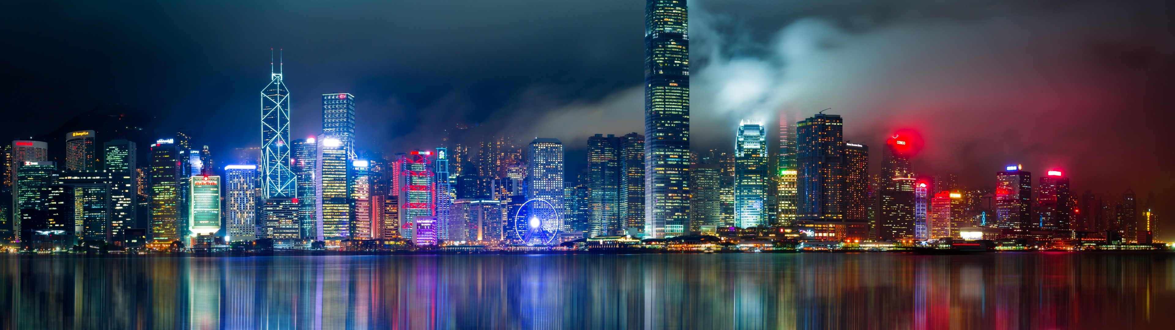 Hong Kong Skyline, City wallpaper, Asian metropolis, Skyscrapers reflection, 3840x1080 Dual Screen Desktop