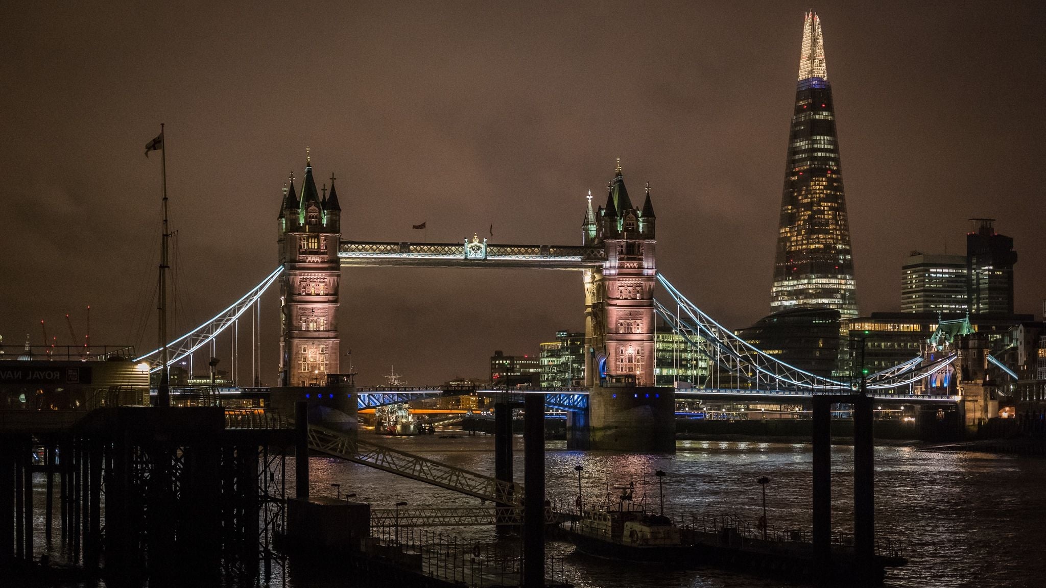 Tower Bridge, Night wallpaper, London background, River Thames, 2050x1160 HD Desktop