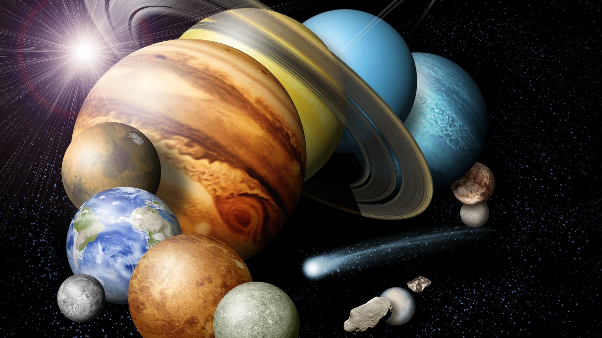 Solar System: Planets bound by gravity to the Sun, The star. 1920x1080 Full HD Wallpaper.
