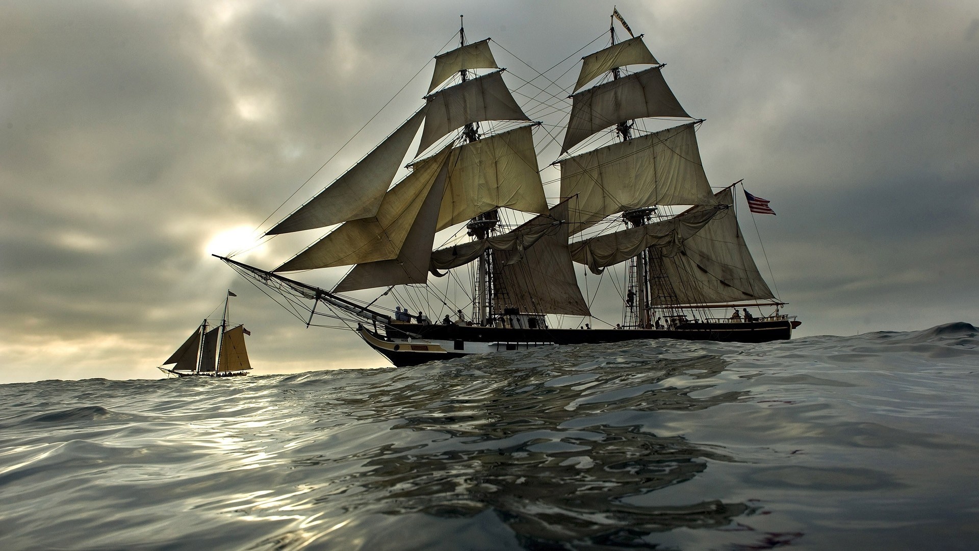 Windjammer: A tall ship, A large, traditionally-rigged sailing vessel. 1920x1080 Full HD Background.