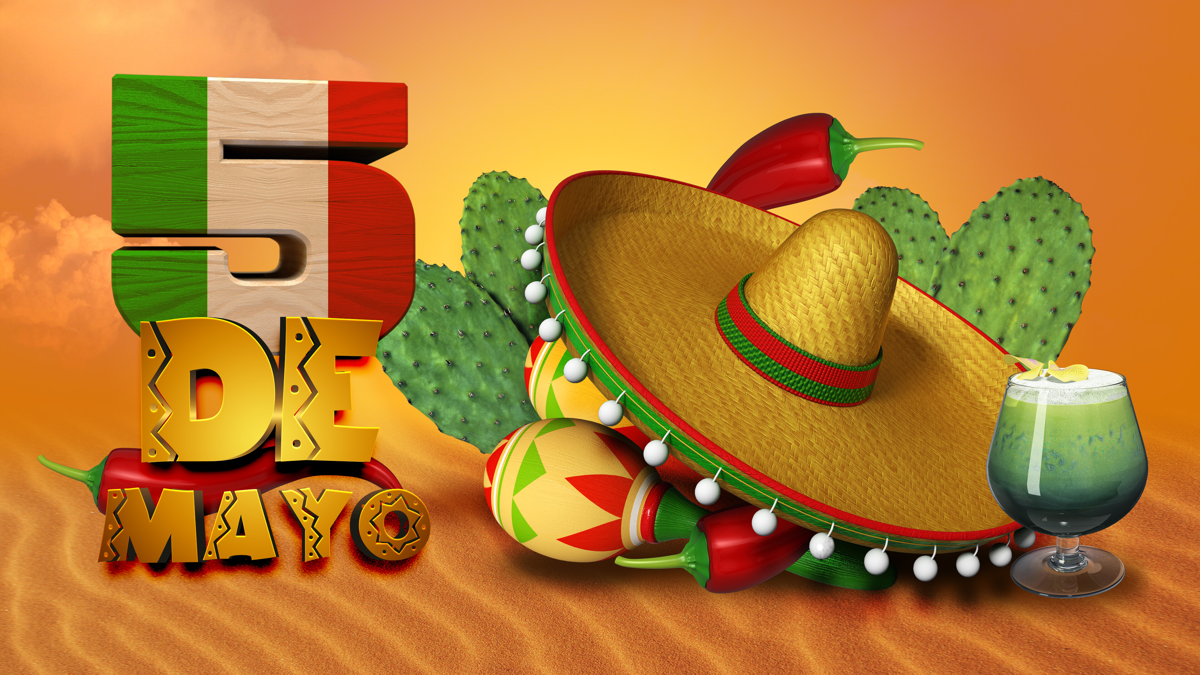 Mexican Fiesta: Cinco de Mayo, A yearly celebration held on May 5, which commemorates the anniversary of Mexico's victory over the Second French Empire at the Battle of Puebla in 1862, led by General Ignacio Zaragoza. 3840x2160 4K Background.
