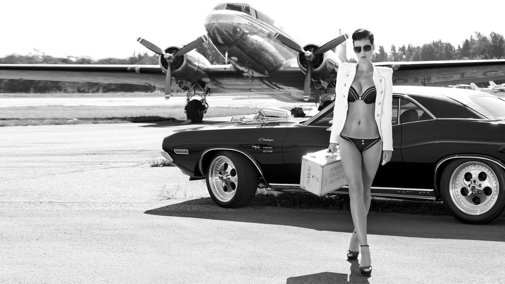 Girls and Muscle Cars: Black and white, Dodge Challenger R/T, Airplane, Airfield, Bikini. 1920x1080 Full HD Background.
