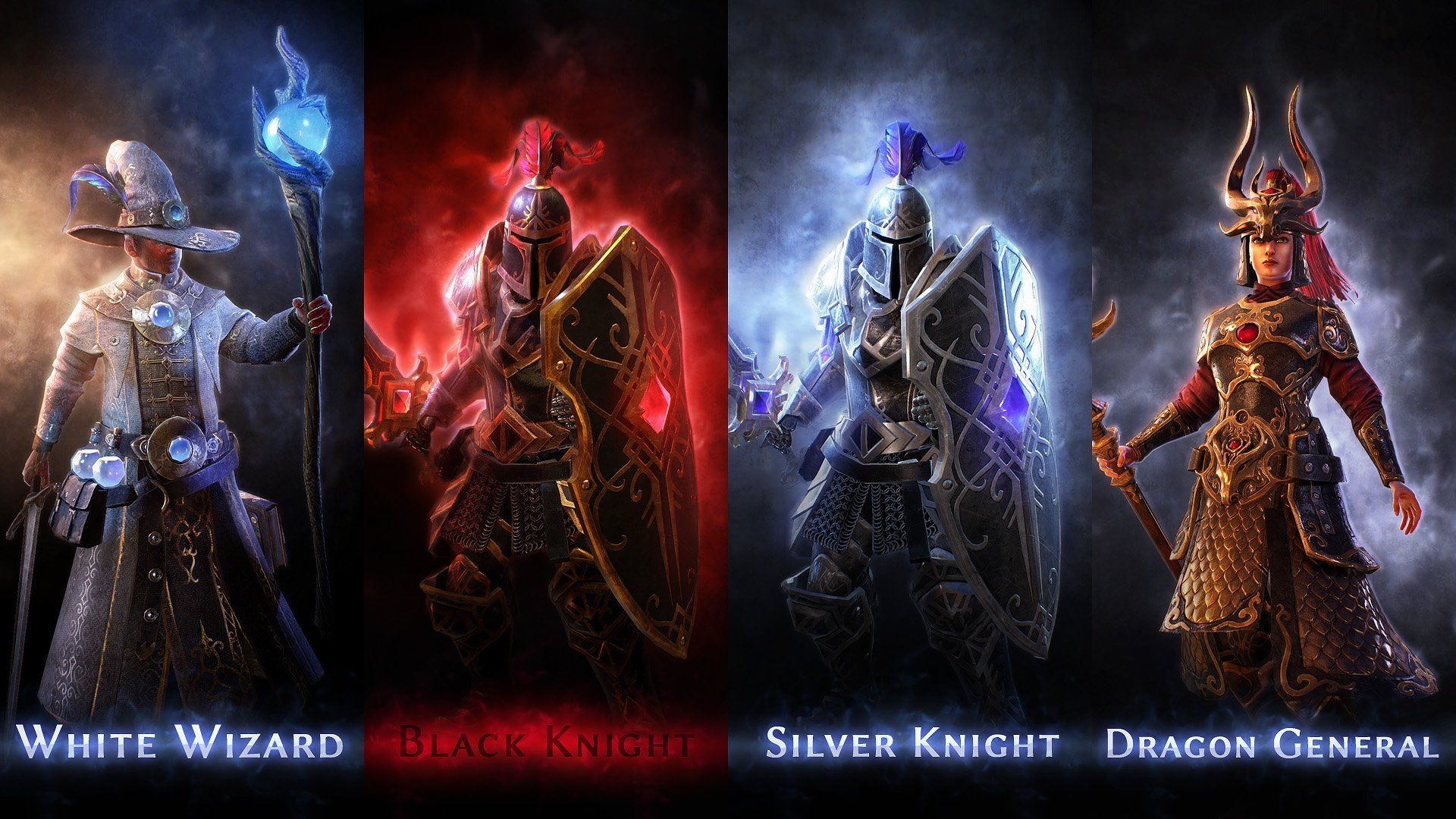 Grim Dawn: White Wizard, Black Knight, Silver Knight, Dragon General, The playable characters in a video game. 1920x1080 Full HD Background.