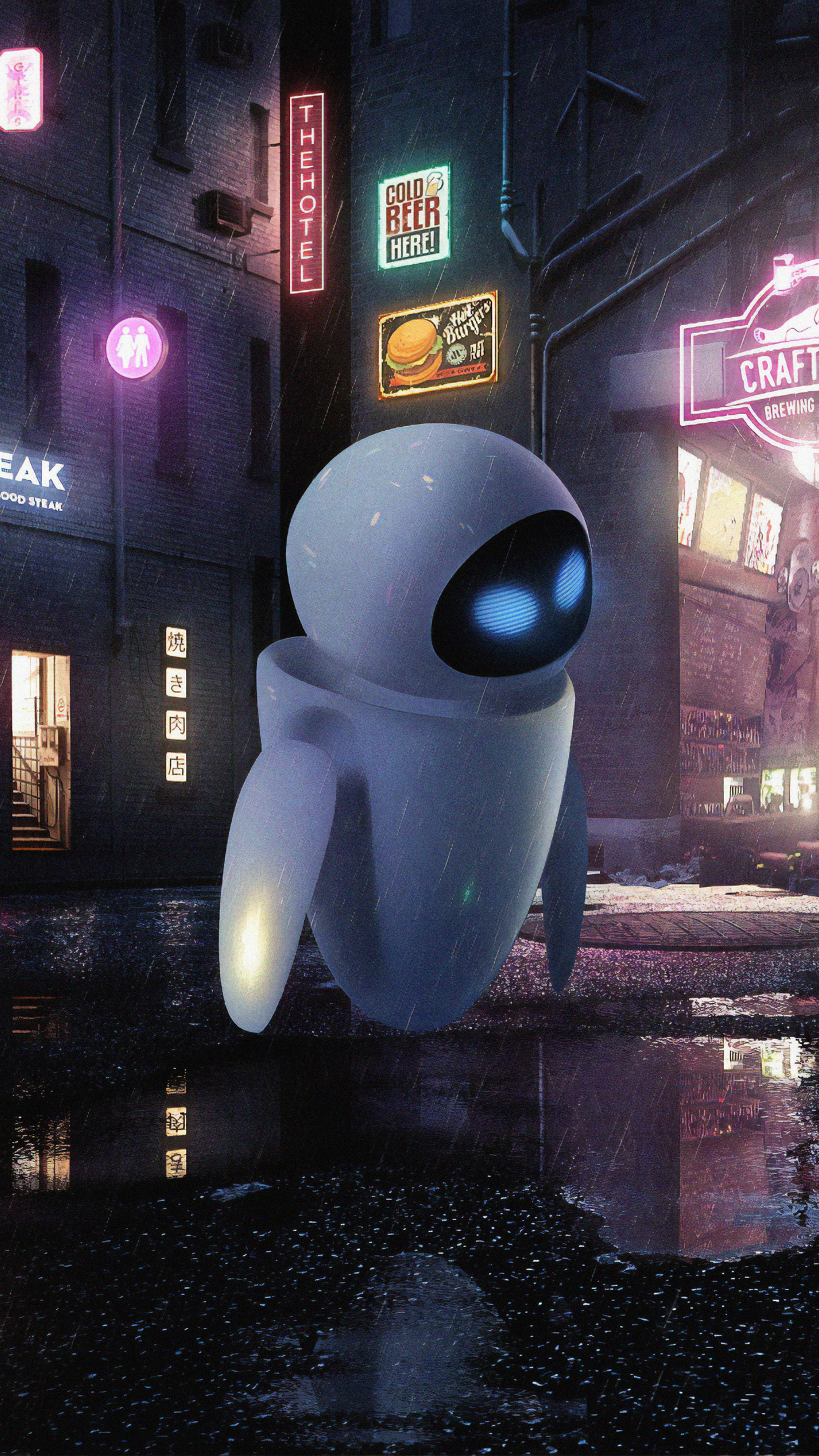 Robot: Wall-e, A 2008 science fiction film  EVE, An advanced probe droid, Disney, Pixar. 2160x3840 4K Background.