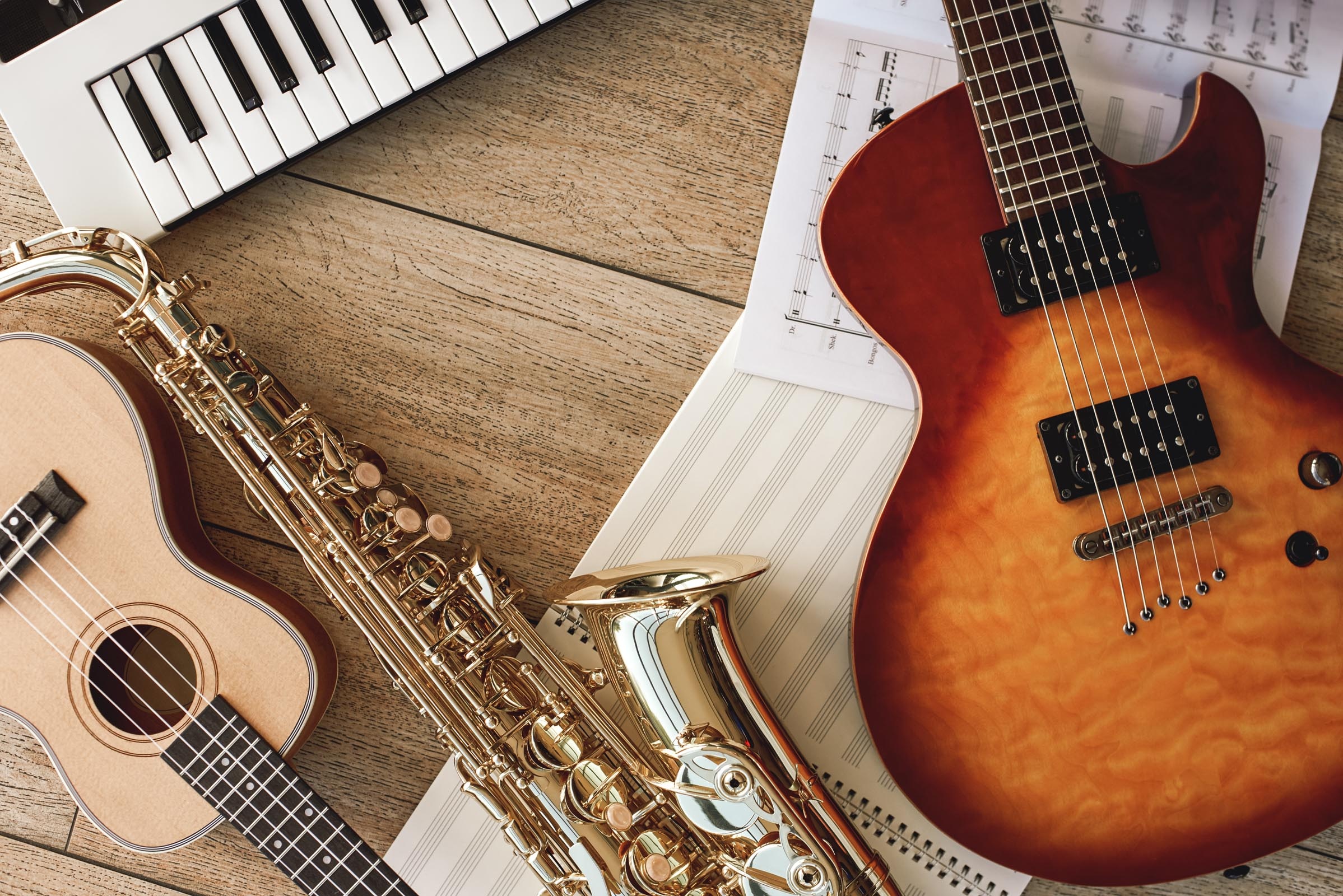 Musical Instruments: Electric guitar, Ukulele, Tenor saxophone, Instruments for the orchestra or ensemble. 2400x1600 HD Wallpaper.