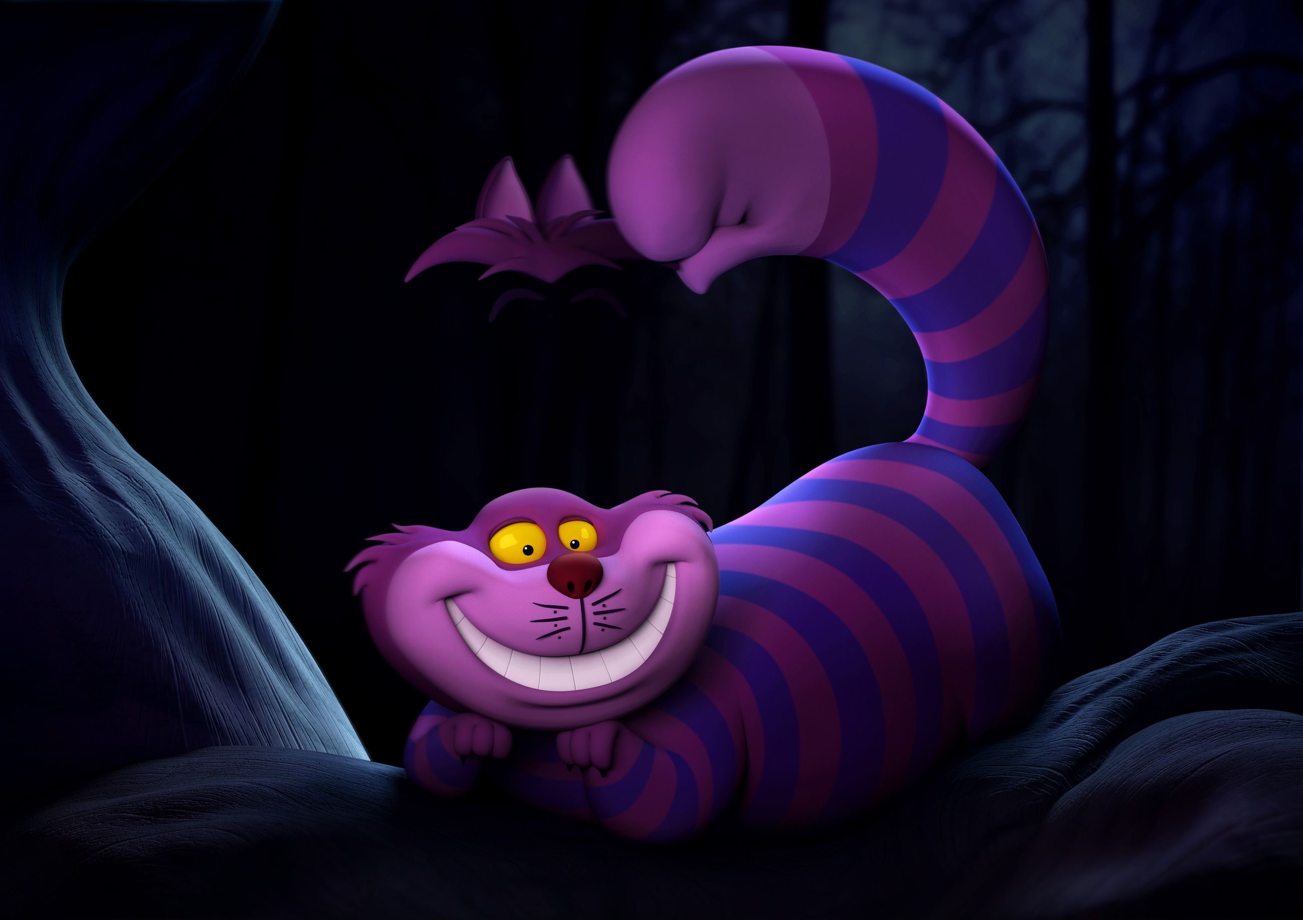 Cheshire Cat: A mysterious, pink-and-purple-striped cat with a permanent grin, Disney. 2600x1840 HD Background.