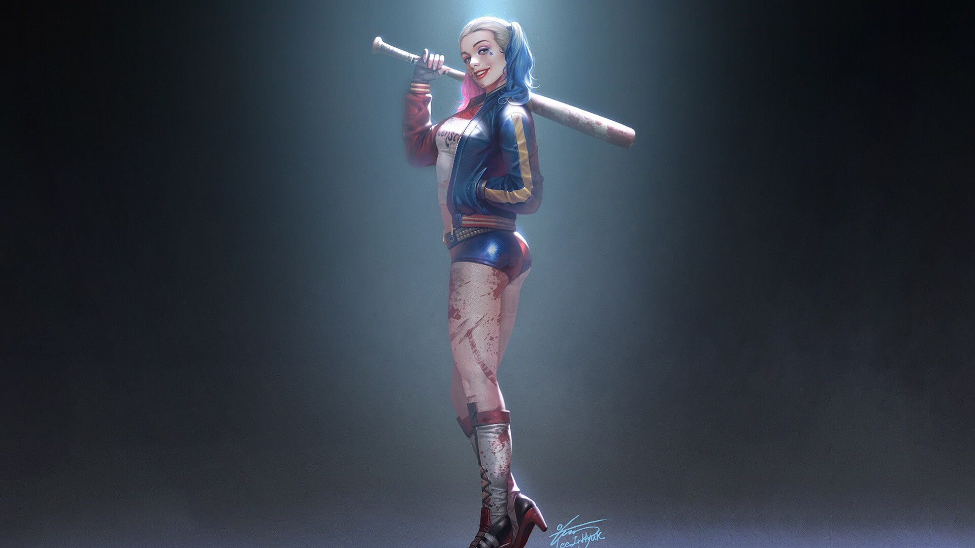 DC Villain: Harley Quinn's abilities include expert gymnastic skills, proficiency in weapons and hand-to-hand combat. 1920x1080 Full HD Background.