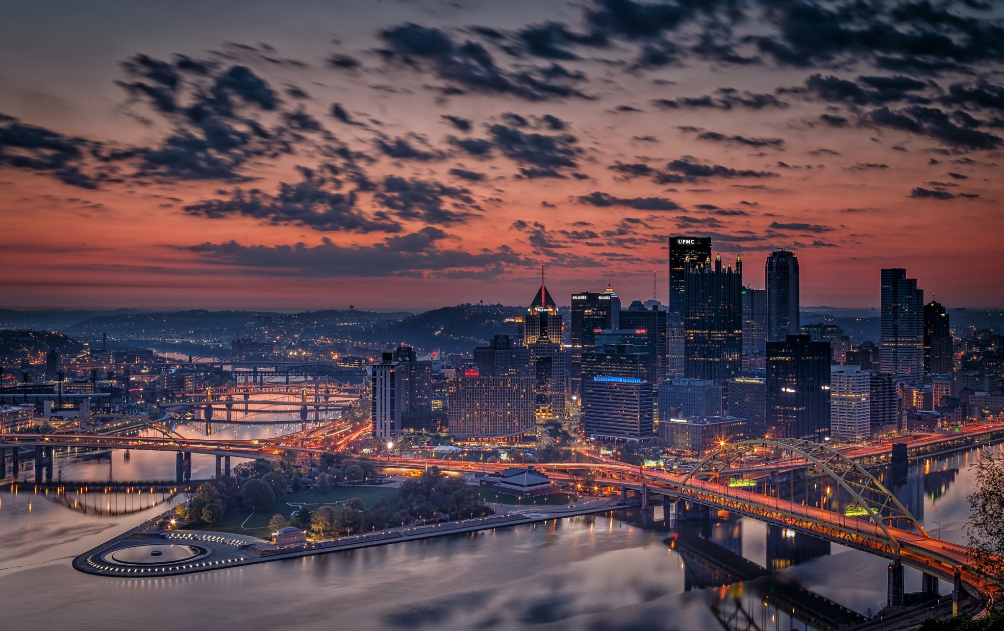 Evening bridges, Pittsburgh scenery, Cloud-filled skies, City's elegance, 2050x1290 HD Desktop