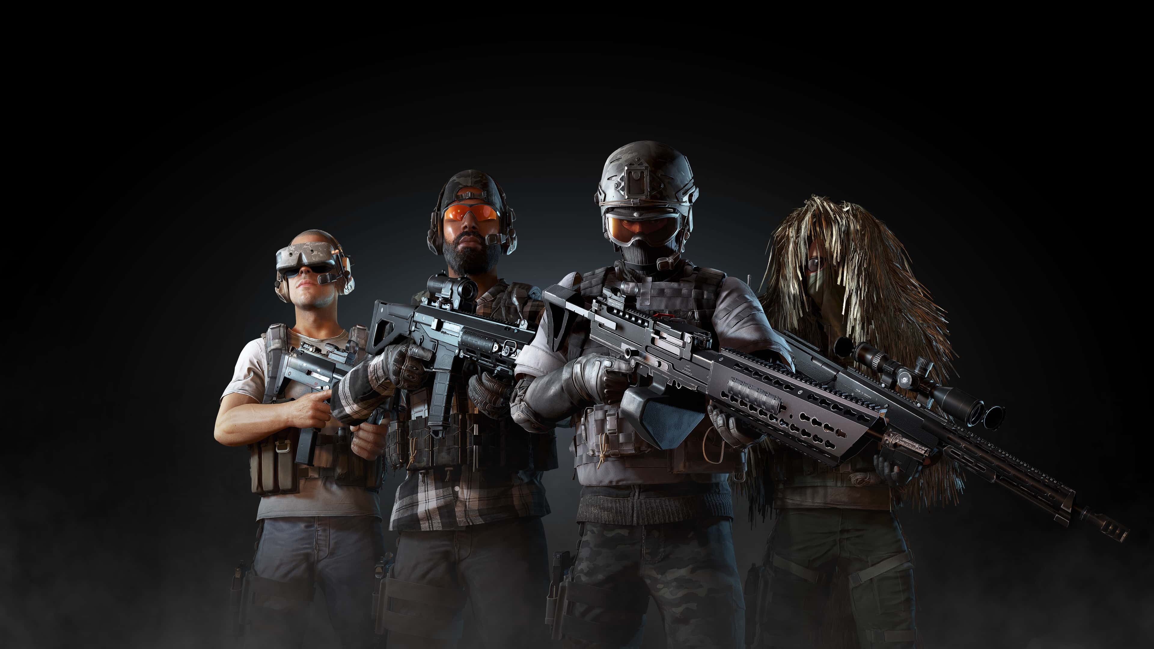 Ghost Recon: Wildlands: Team leader "Nomad", vehicle and assault specialist "Midas", tactical engineer "Holt", and a sniper "Weaver". 3840x2160 4K Background.