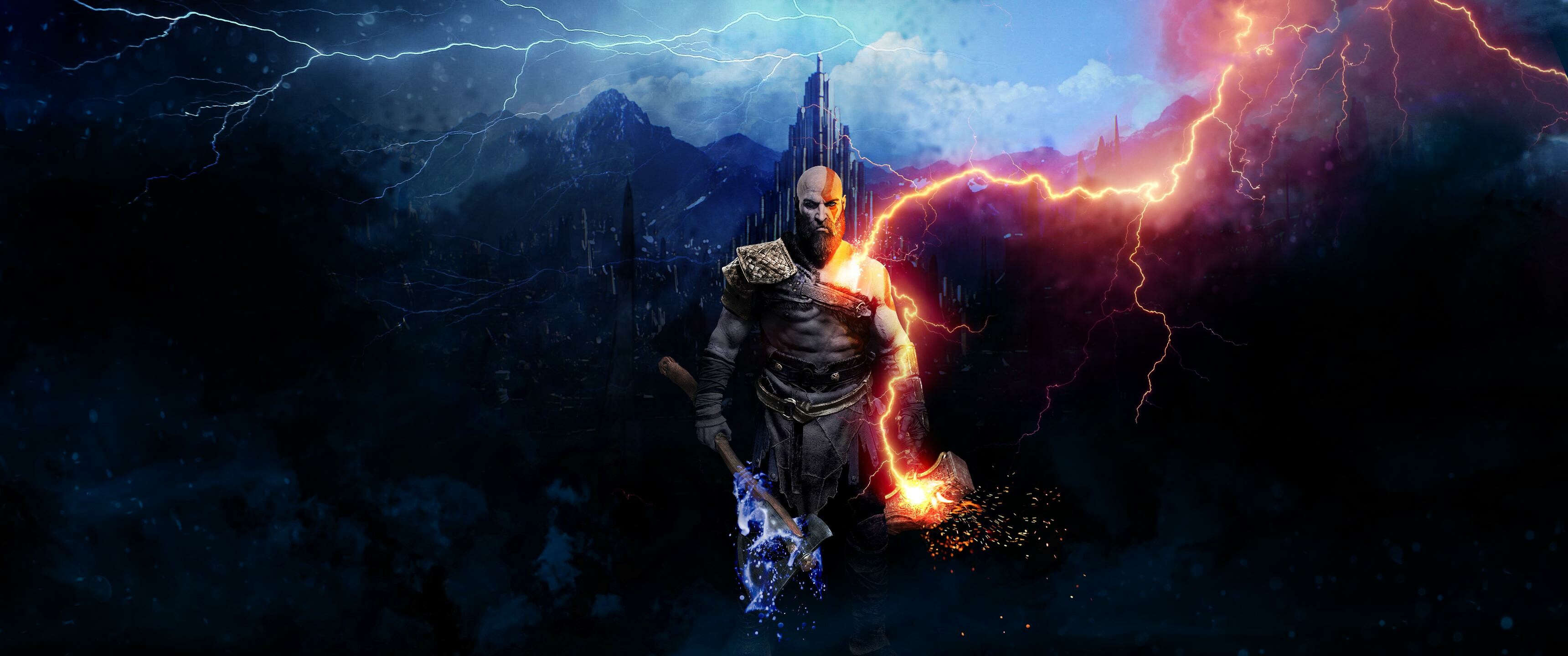 God of War: Ragnarok: Kratos' main weapon is a magical battle axe called the Leviathan Axe. 3440x1440 Dual Screen Wallpaper.