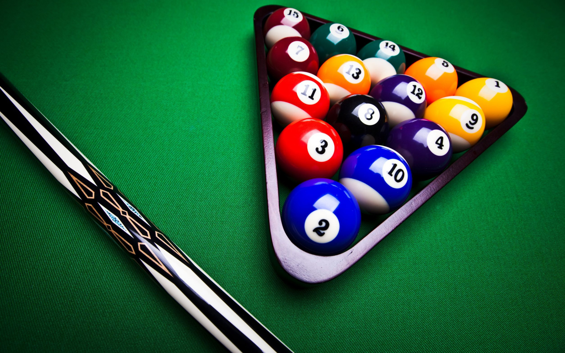 Cue Sports: Two cue sticks, Billiard balls in a rack, Eight-ball style recreational game. 1920x1200 HD Wallpaper.