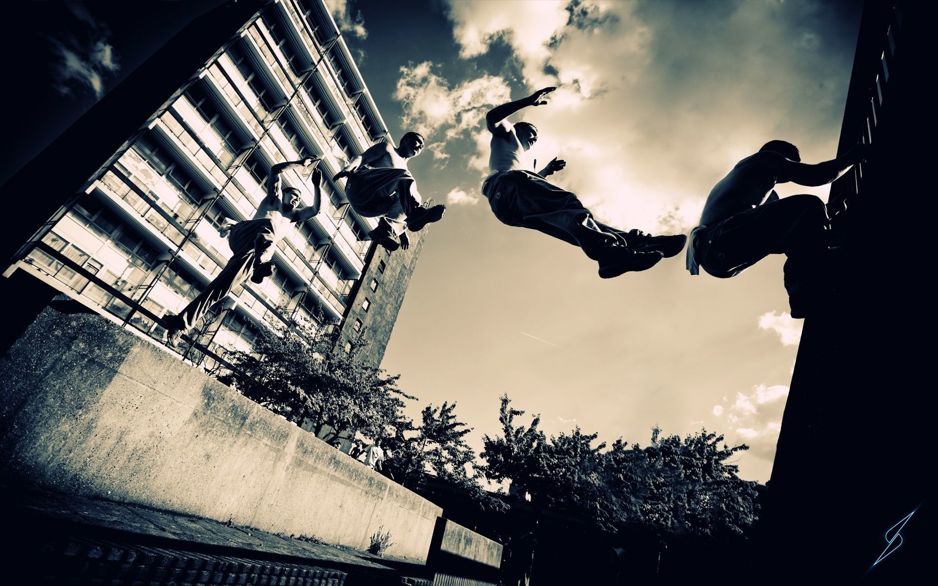 Freerunning: Monochrome parkour, Freedom of thought, Stylistic acrobatics. 1920x1200 HD Background.
