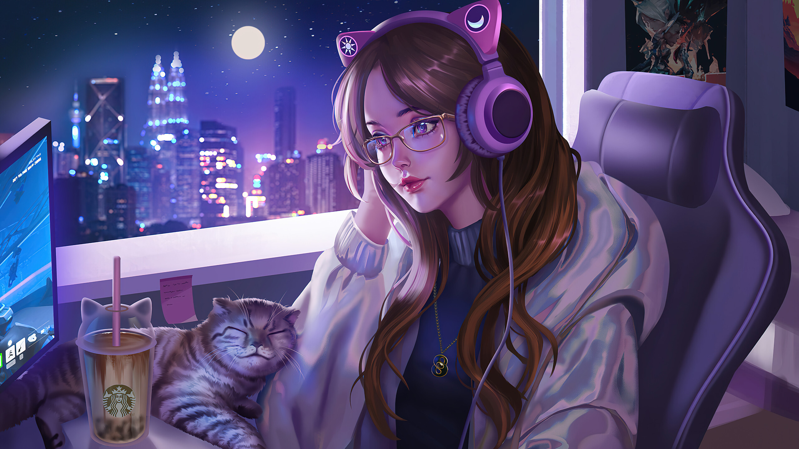 Gamer Girl, Anime girl wallpapers, Cat companions, Laid-back vibes, 2560x1440 HD Desktop