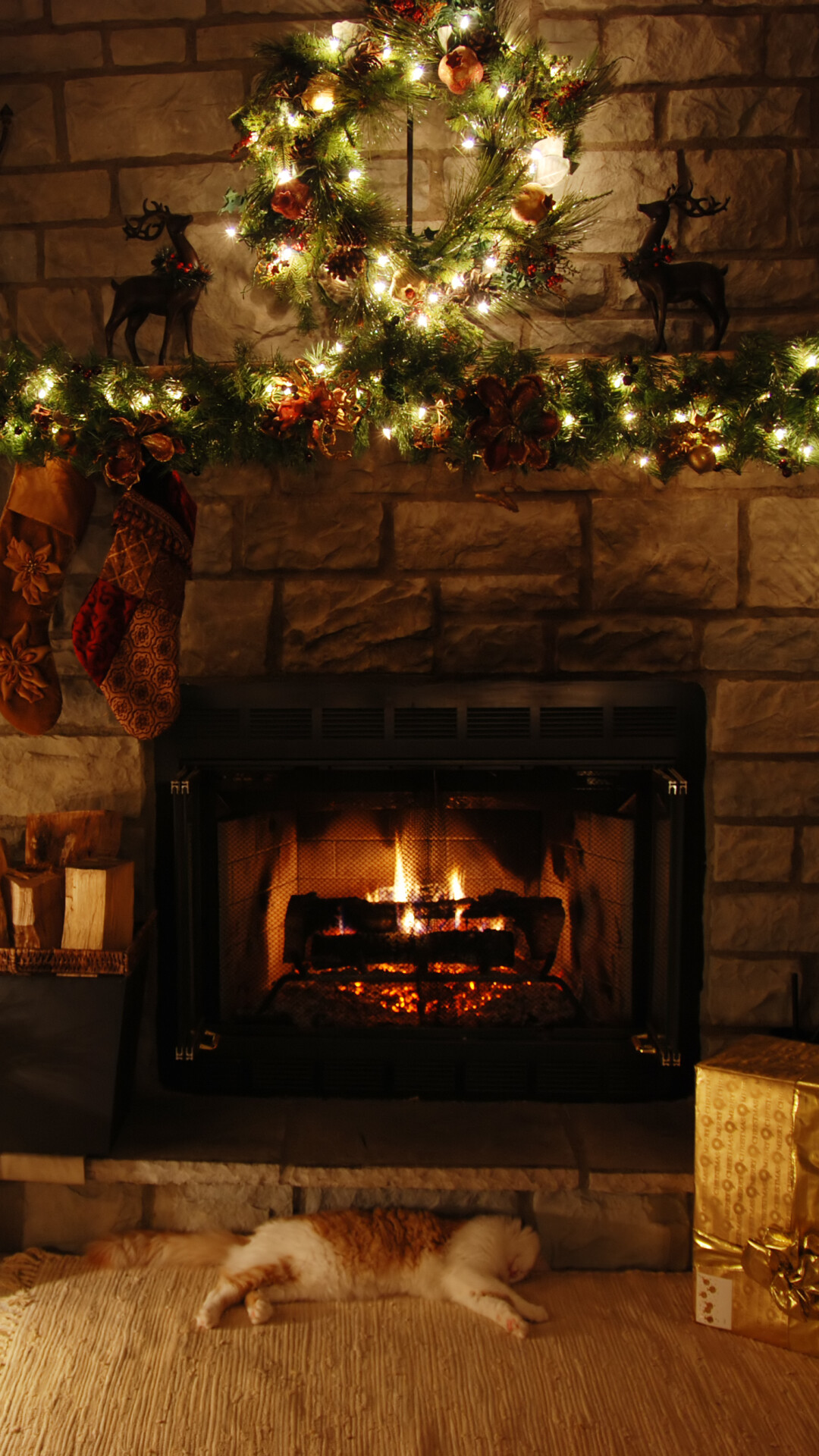 Christmas Fireplace: Wood, Hearth, Decoration, Fairy lights. 1080x1920 Full HD Background.