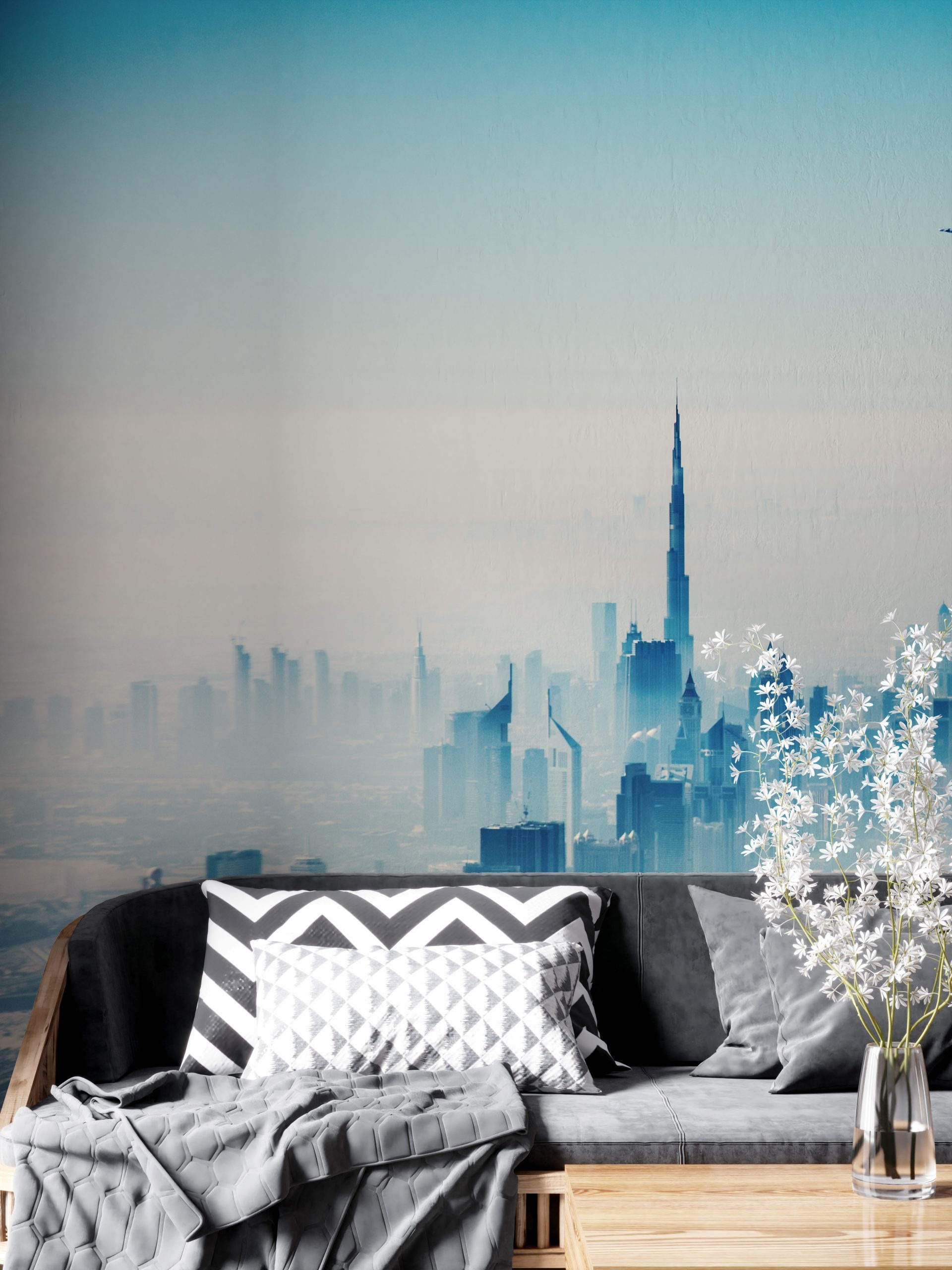 Skyline Mural, Dubai theme, Peel-and-stick wallpaper, Urban artwork, 1920x2560 HD Phone