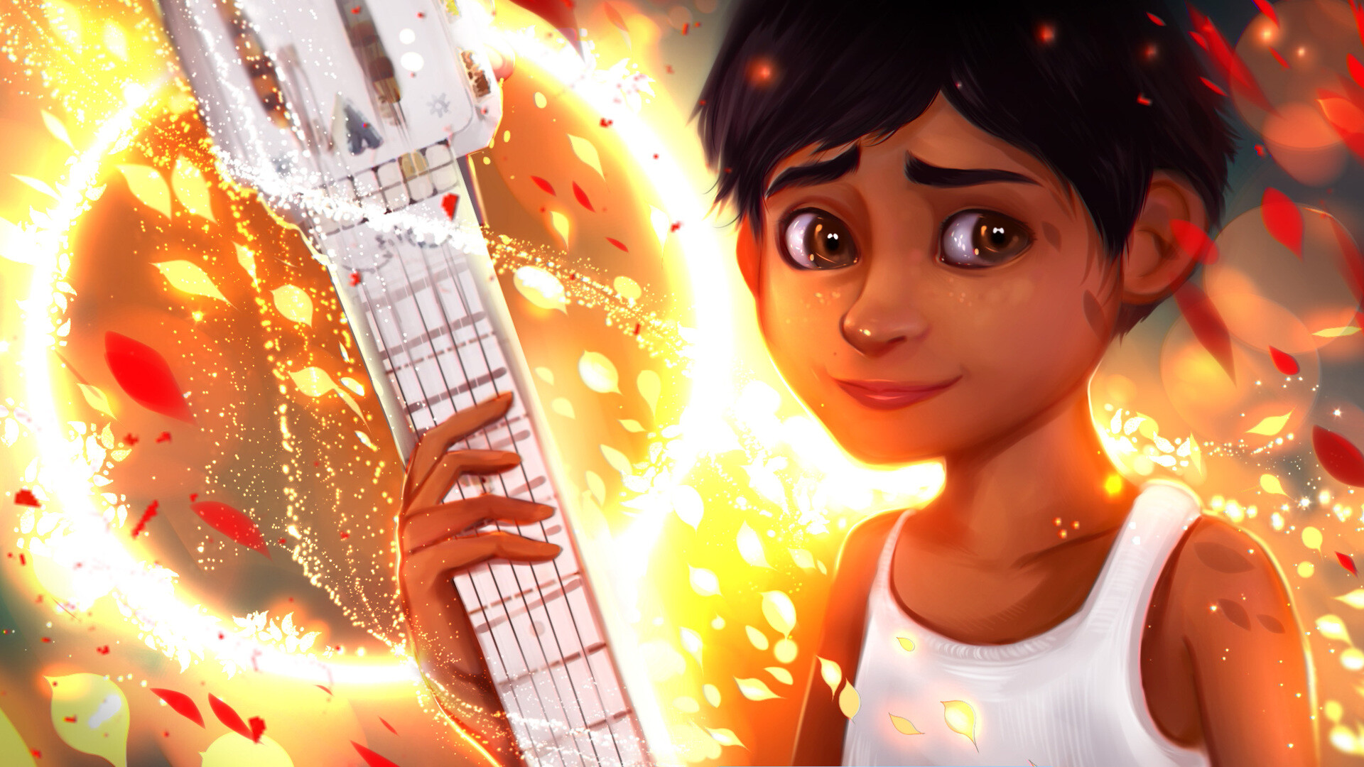 Coco (Cartoon): Twelve-year-old Miguel Rivera is a descendant of a family of shoemakers but has no desire to partake in the family business, Art, Animated film. 1920x1080 Full HD Wallpaper.