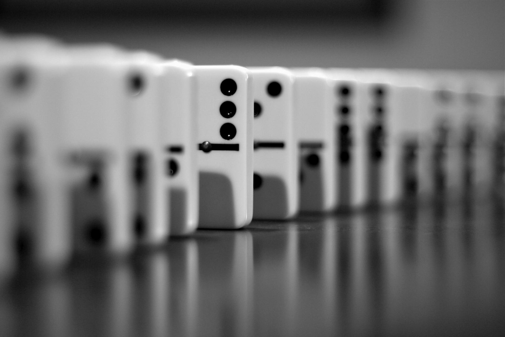 Dominoes: Monochrome standing six-doubles set, All-Five type of a popular board game, Strategy. 1920x1280 HD Background.