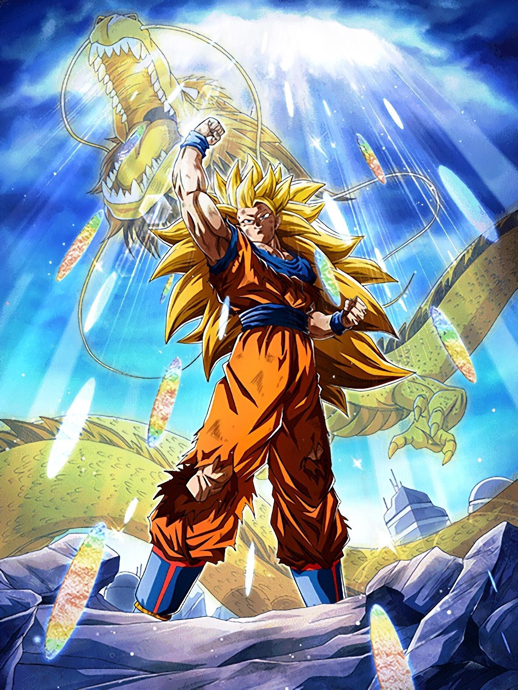 Goku Super Saiyan: SSJ3, The form achievable by a Saiyan who has already obtained the SSJ2 form and trains intensely. 1710x2280 HD Background.