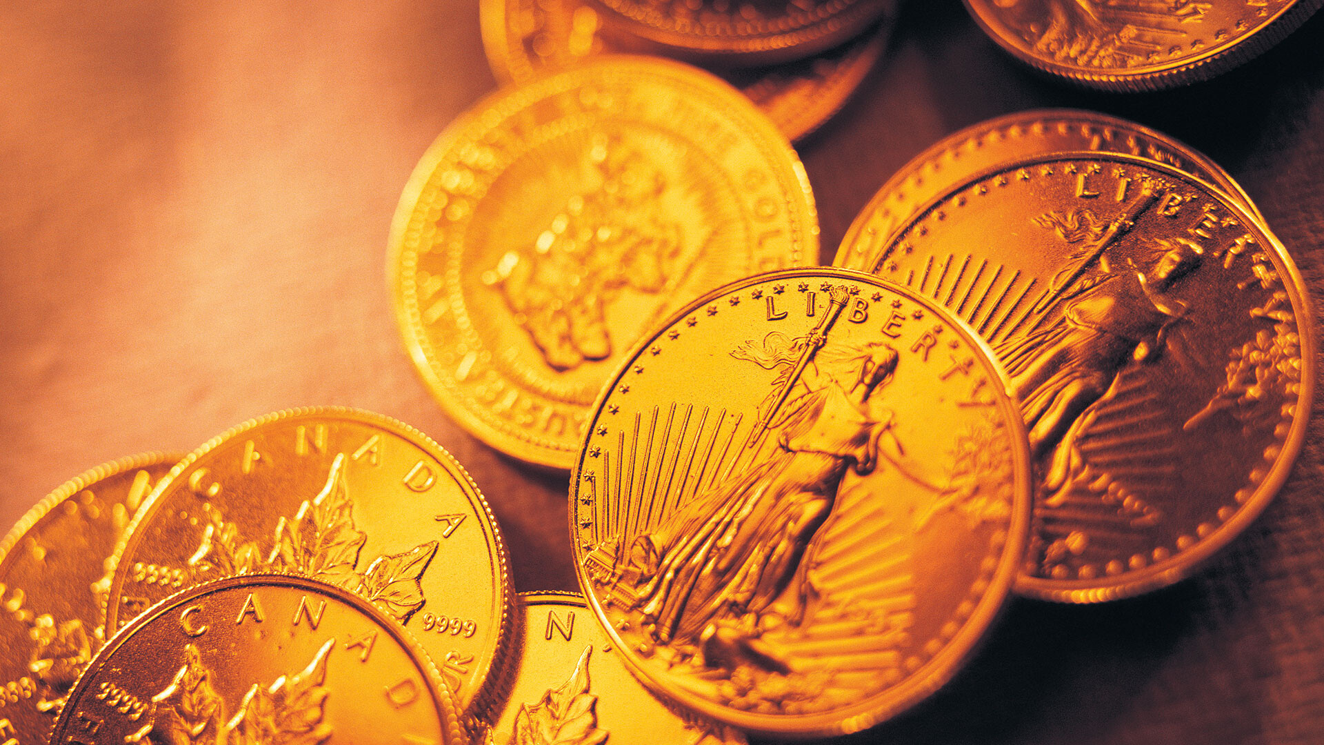 Gold Coins: USA Liberty coin, Liberty themed collection of Mint-quality coins, Mint marks. 1920x1080 Full HD Background.