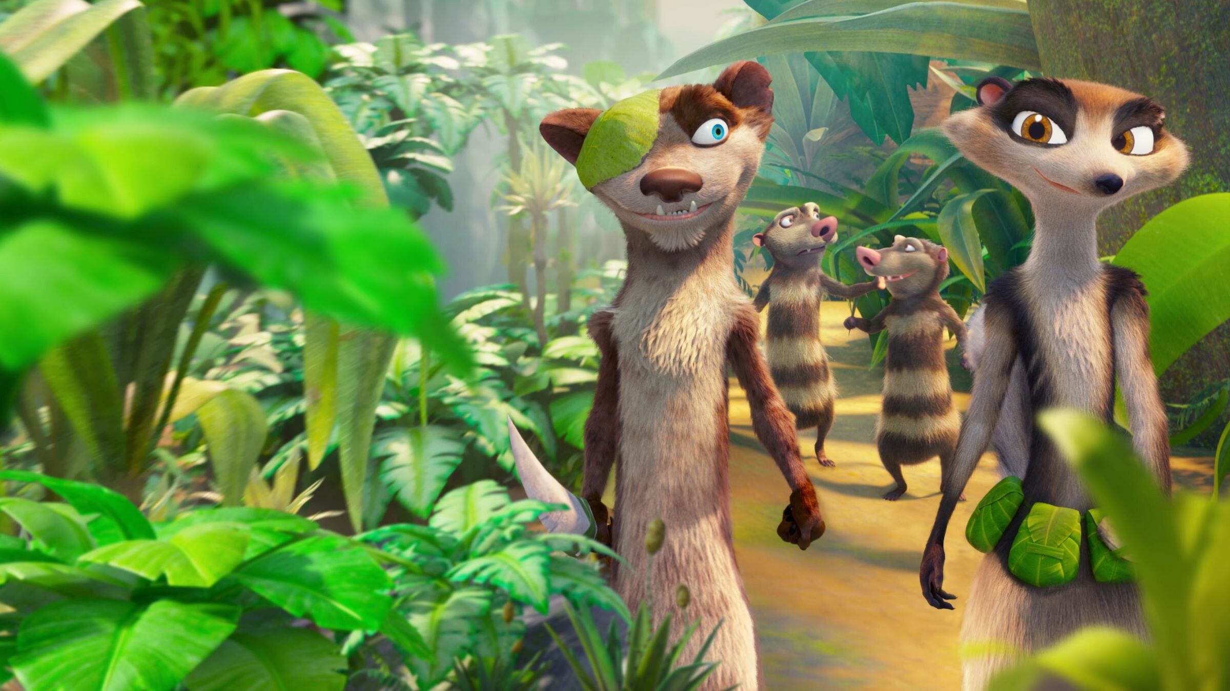 Ice Age: Adventures of Buck Wild: One-eyed weasel teams up with mischievous possum brothers Crash and Eddie. 2400x1350 HD Background.