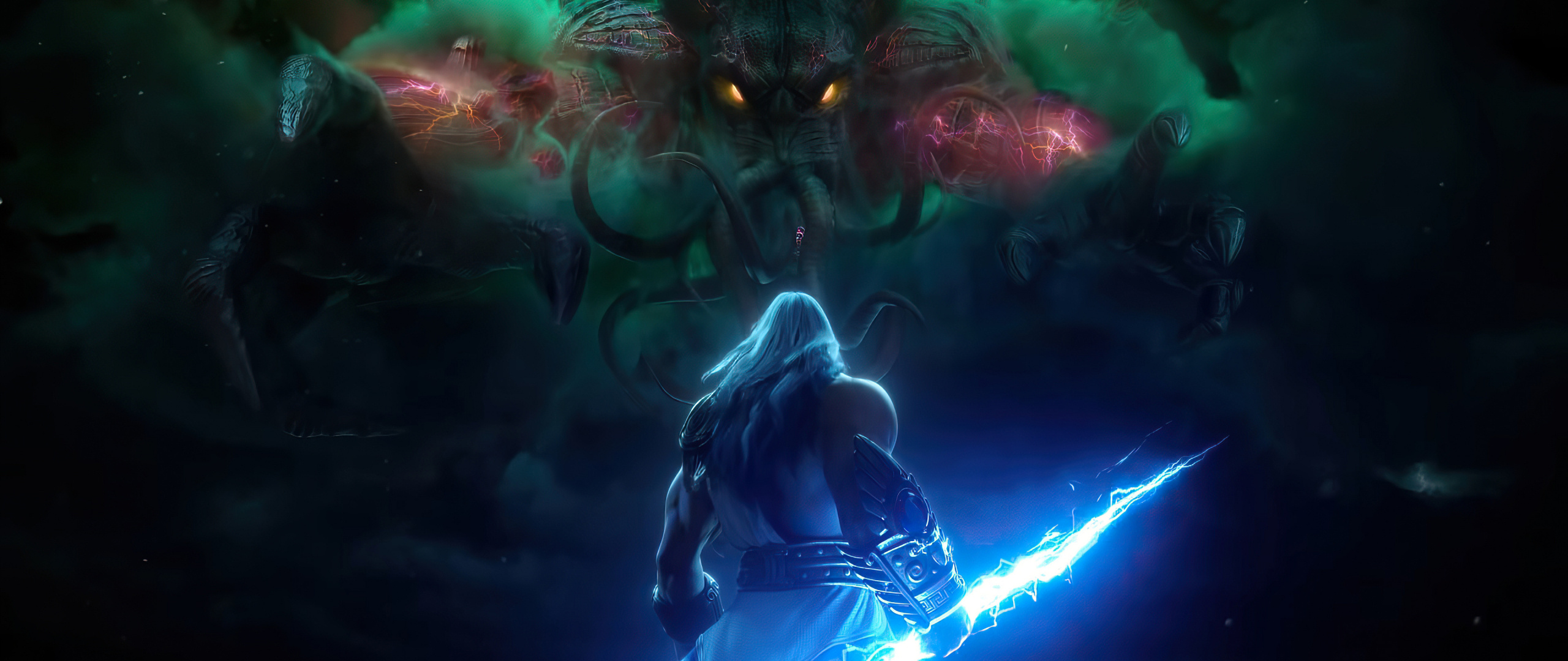 Zeus: The duel between the Ancient God Cthulhu and the God of the Greek Pantheon. 2560x1080 Dual Screen Wallpaper.