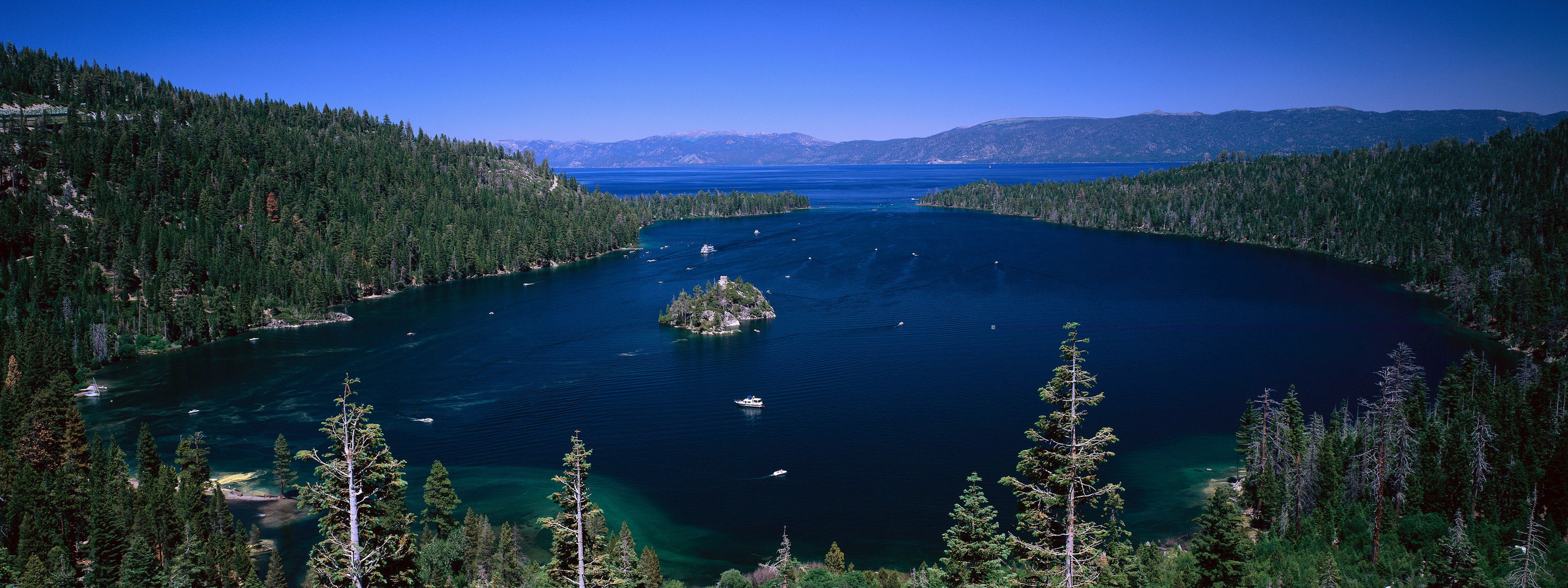 Mountains landscapes, Forest, Boats, Lake Tahoe, 3200x1200 Dual Screen Desktop