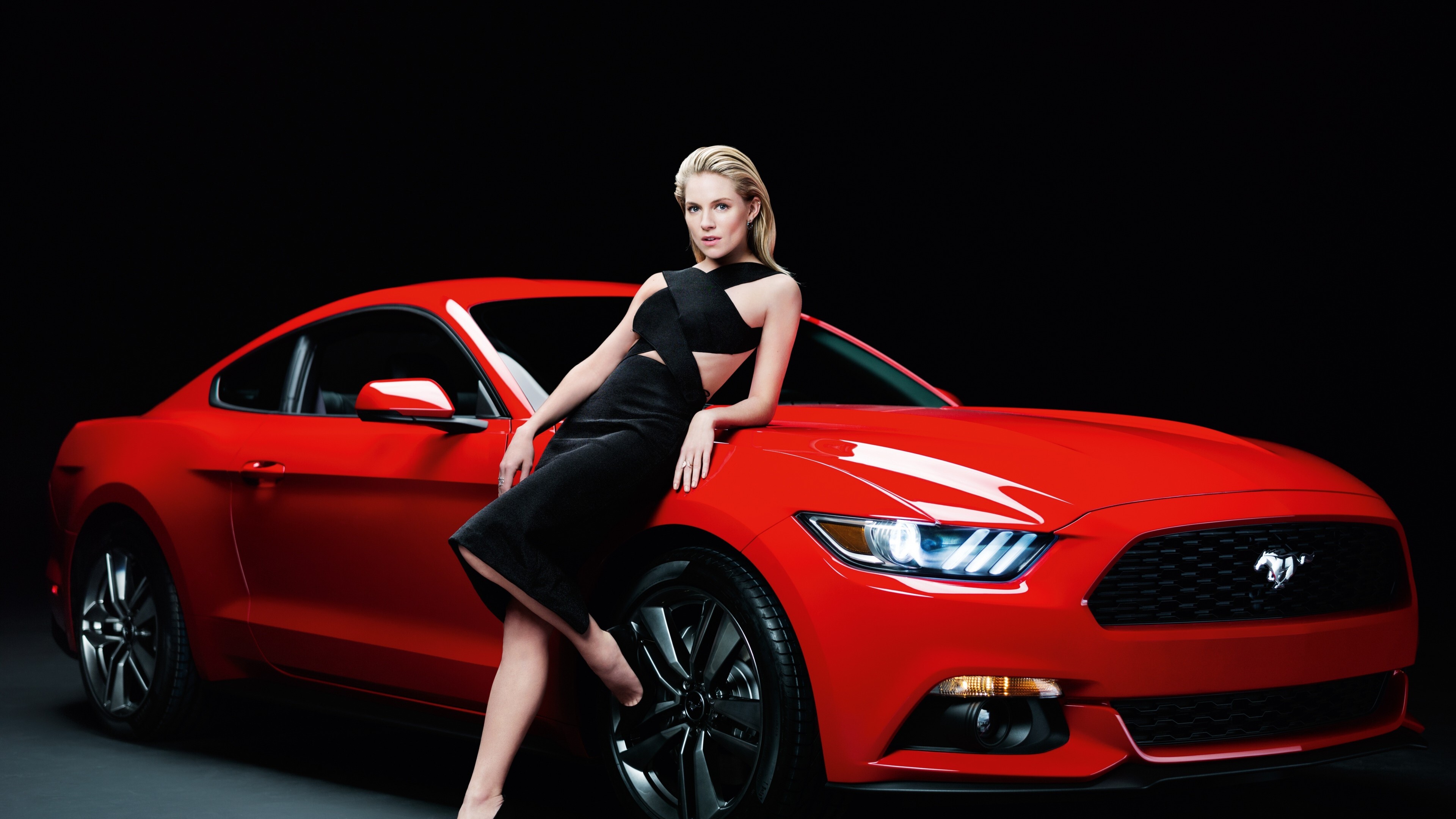 Girls and Muscle Cars: Ford Mustang, Red coupe, Sienna Miller, An American and English actress. 3840x2160 4K Wallpaper.