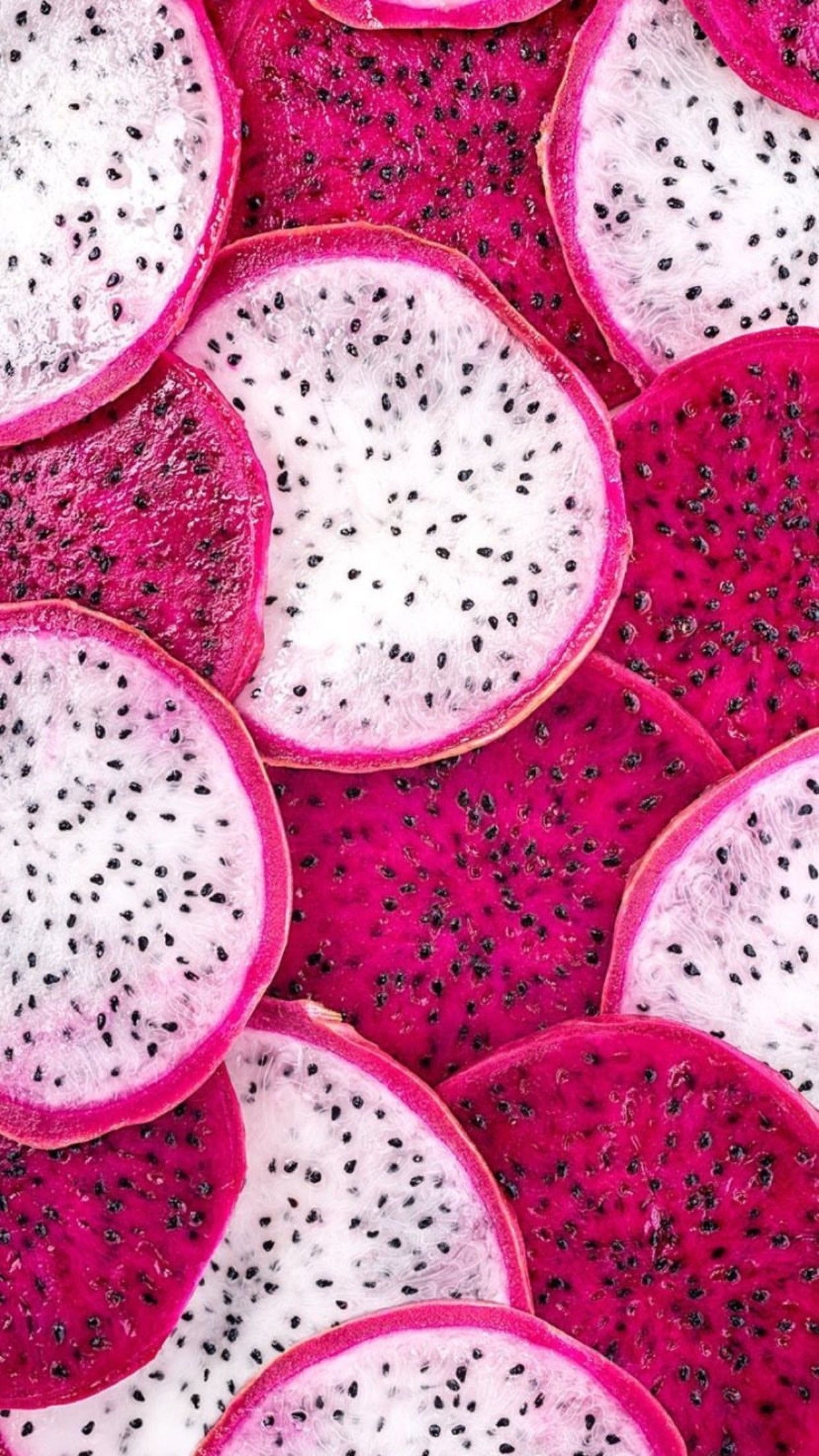 Dragon Fruit: The flesh is either white or red, with edible black seeds dotted all over. 1250x2210 HD Background.