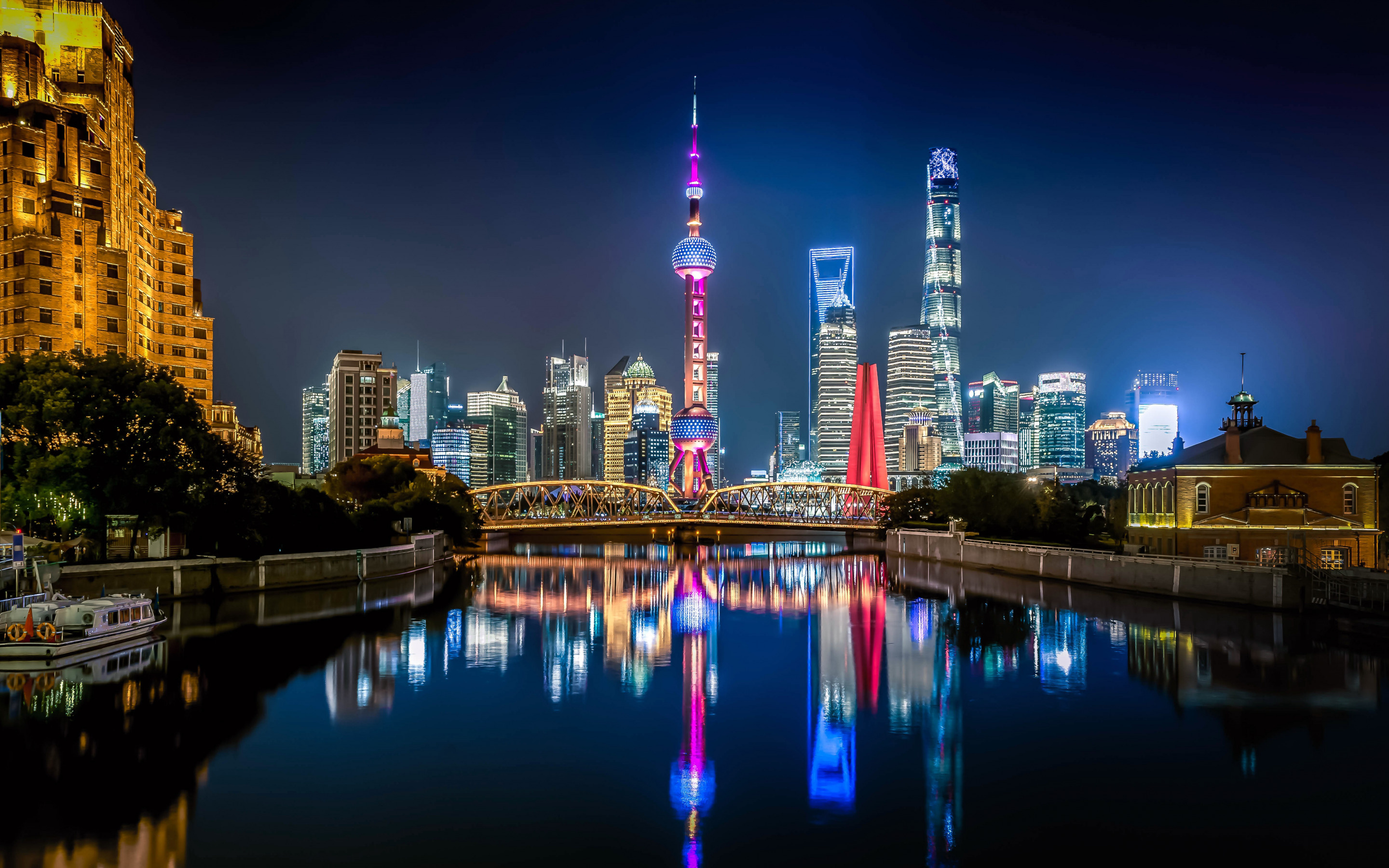 Oriental Pearl Tower, Shanghai Tower, World financial center, Night skyline, 2880x1800 HD Desktop