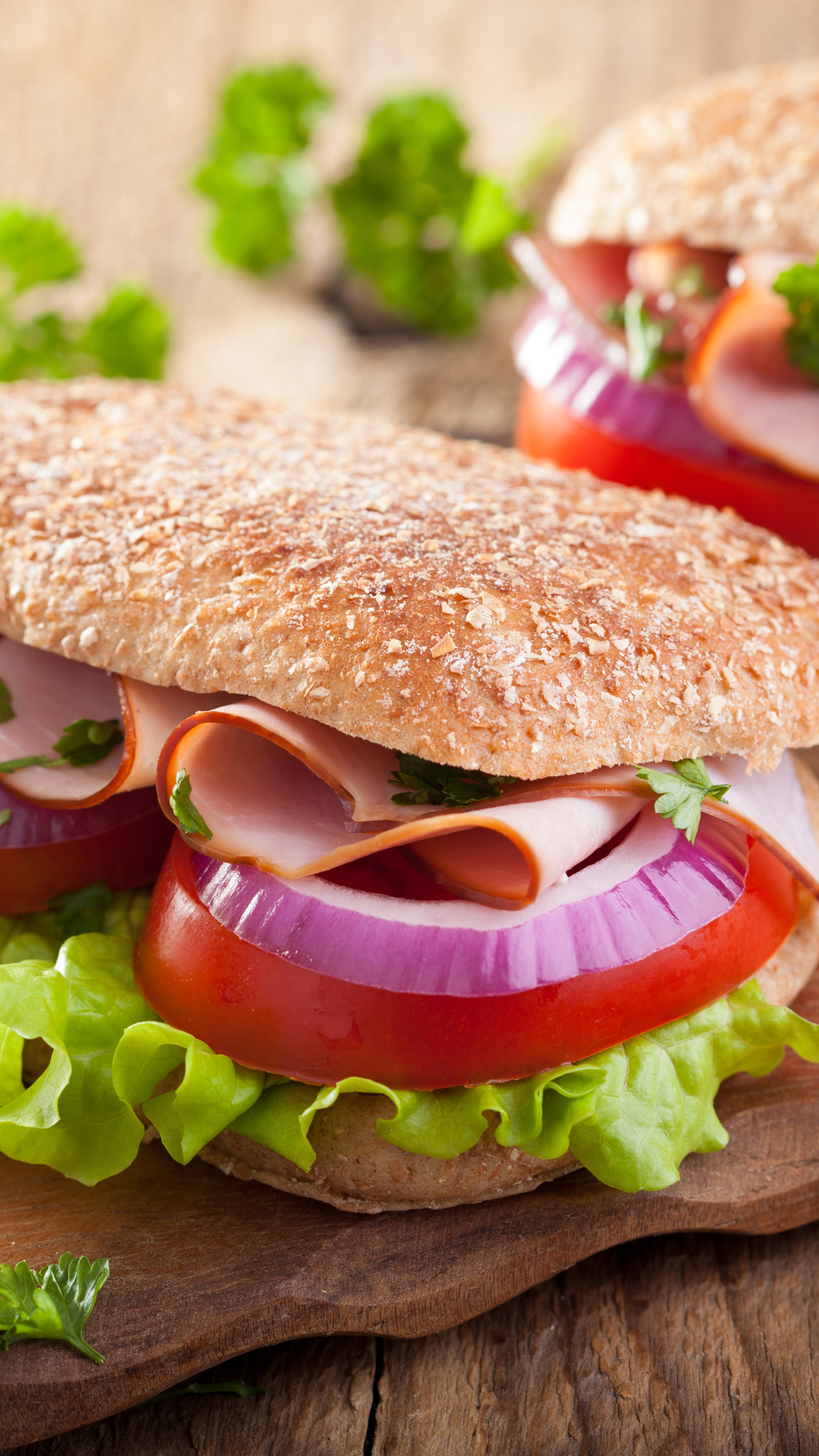 Sandwich: Open-faced have only one slice of bread with the filling on top. 1440x2560 HD Background.