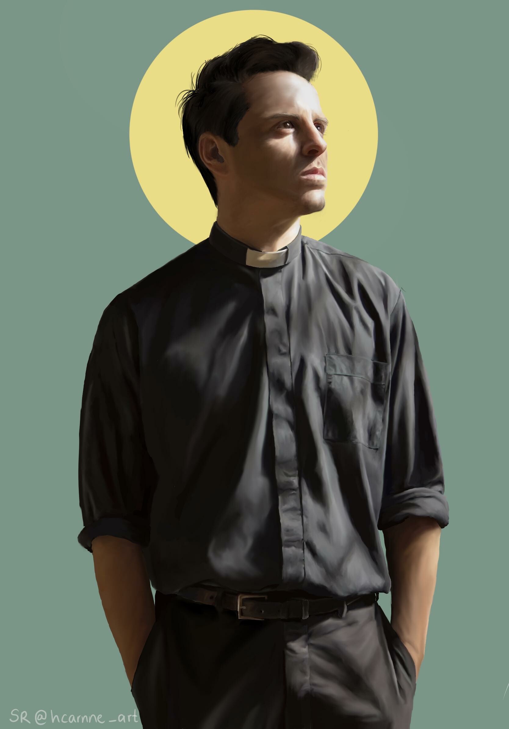 Fleabag (TV Series): The Priest, a main character in Season 2, portrayed by Andrew Scott. 1670x2390 HD Background.
