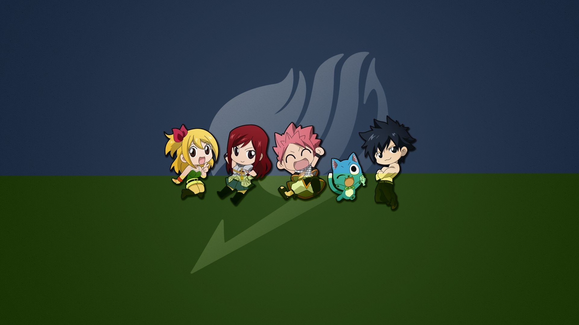 Natsu (Fairy Tail): Erza Scarlet, Happy, Lucy Heartfilia and Gray Fullbuster, Cartoon characters. 1920x1080 Full HD Wallpaper.