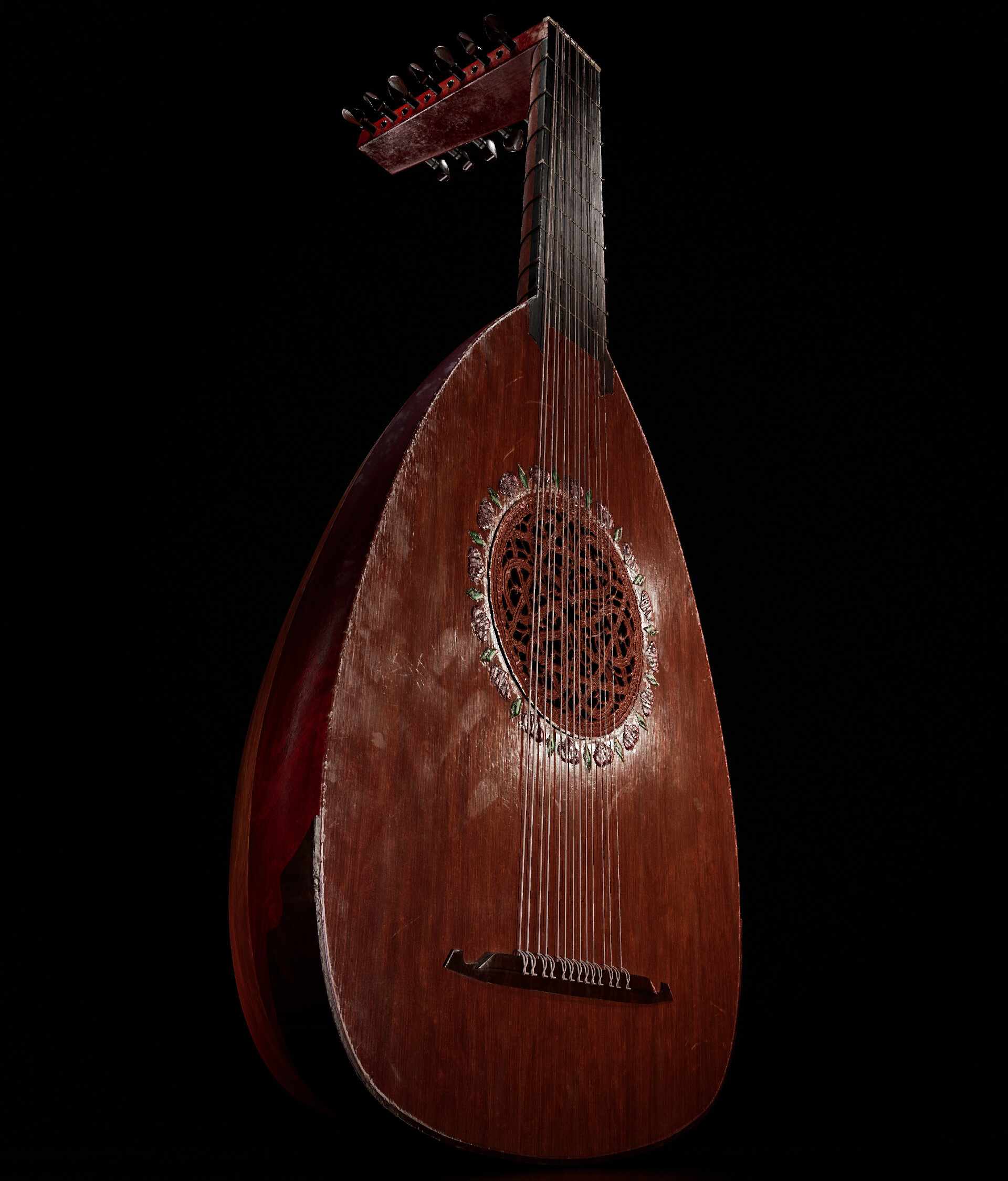 Lute: Masterful 3D-Model, Antique Minstrel's Instrument, The Textures Of Dark Polished Wood. 1920x2250 HD Background.