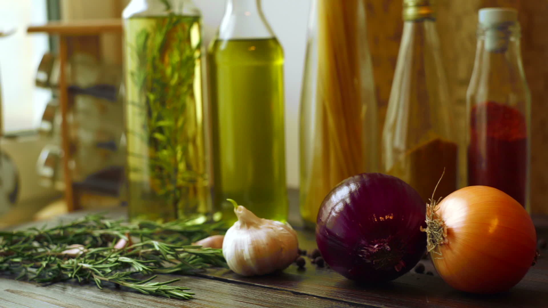 Food ingredients, Kitchen table, Rosemary herb, Garlic and onion, 1920x1080 Full HD Desktop