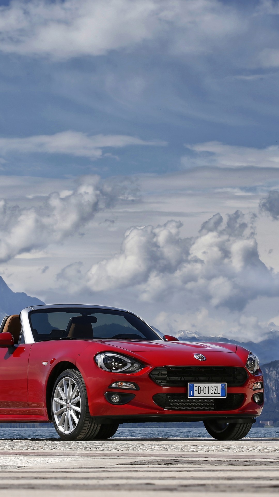 Fiat 124 Spider, Red Fiat roadster, Snowy backdrop, Italian car, 1080x1920 Full HD Phone