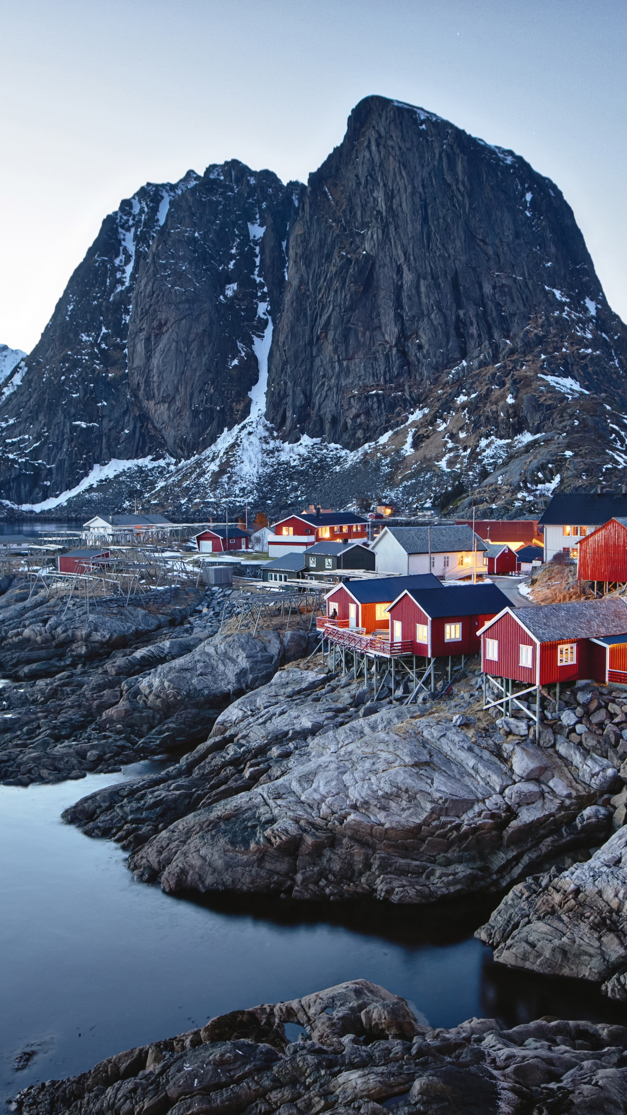 Town: Fisherman's village in Norway, Lofoten archipelago, Northern settlements. 2160x3840 4K Background.