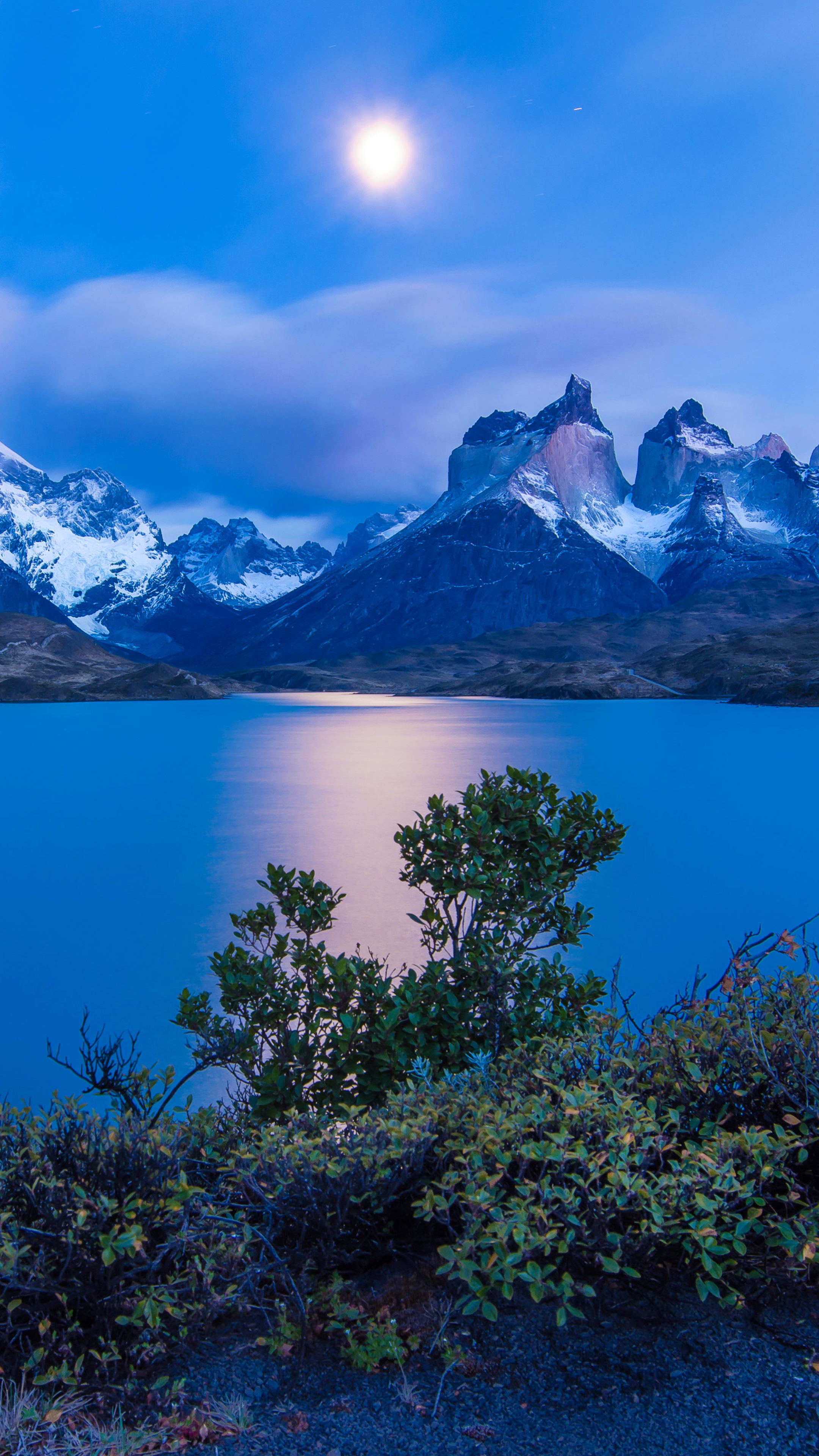 Chile earth lake landscape, Moon night twilight, 2160x3840 4K Phone