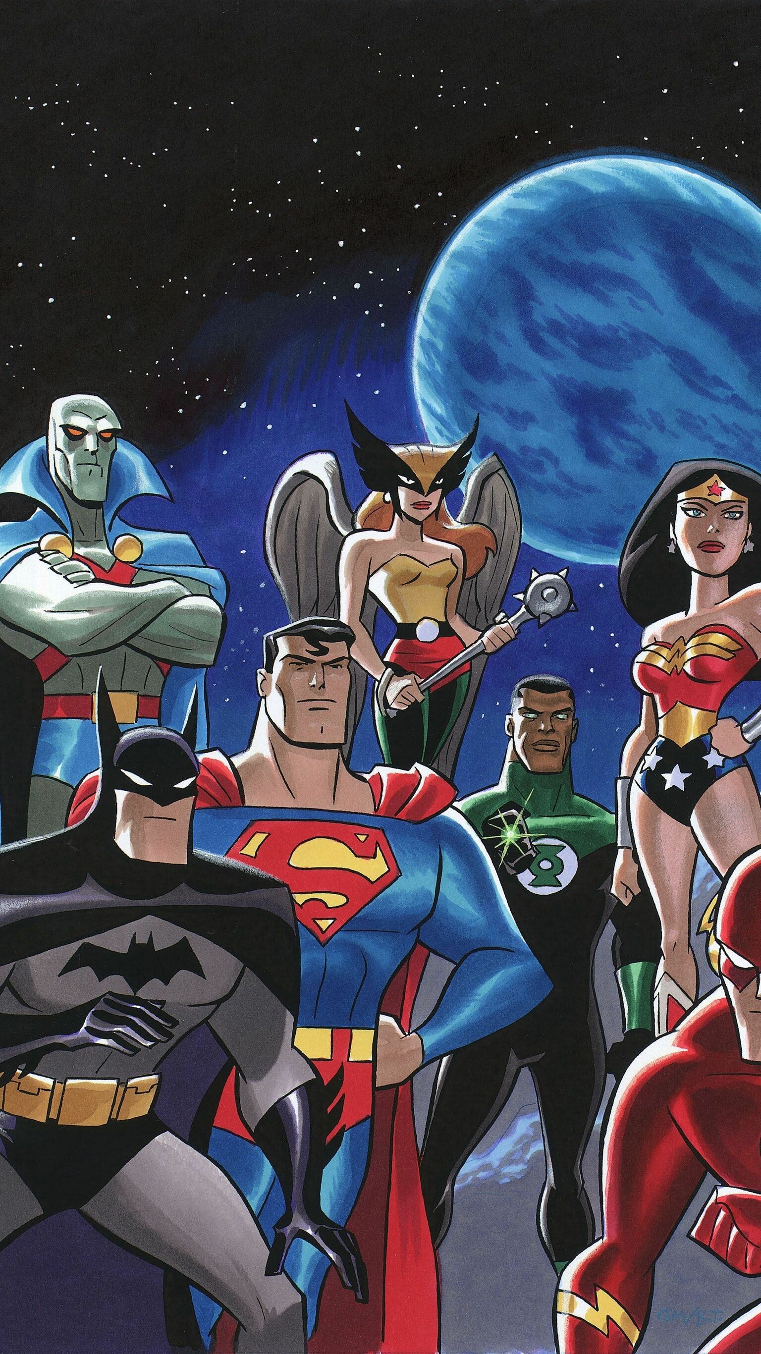 DC Heroes: Martian Manhunter, Hawkgirl, Batman, Superman, Wonder Woman. 1540x2740 HD Background.