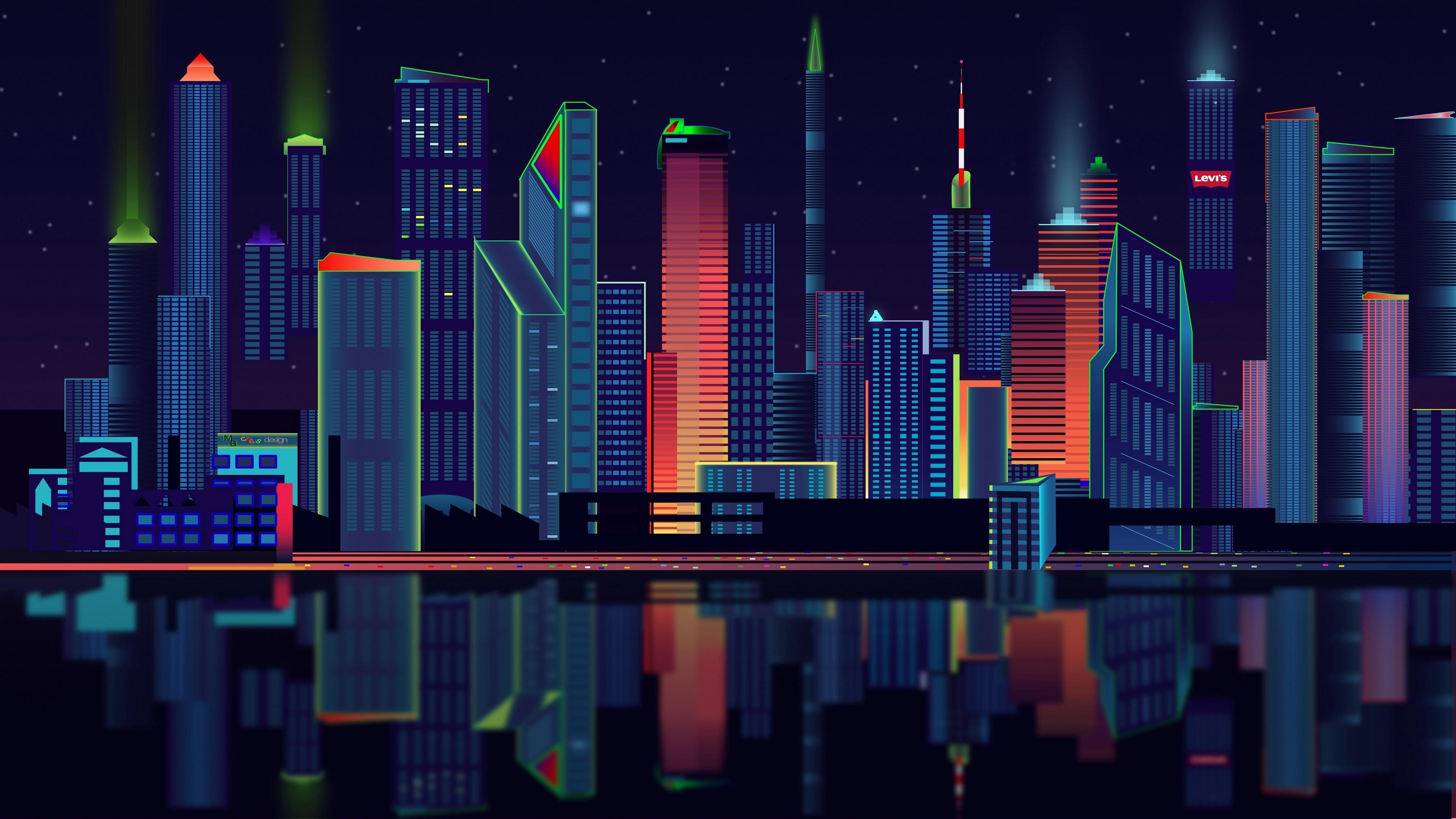 Backdrop: Skyscraper, Cityscape, Urban, Night city art, Silhouette, Reflection, Night sky. 3840x2160 4K Background.