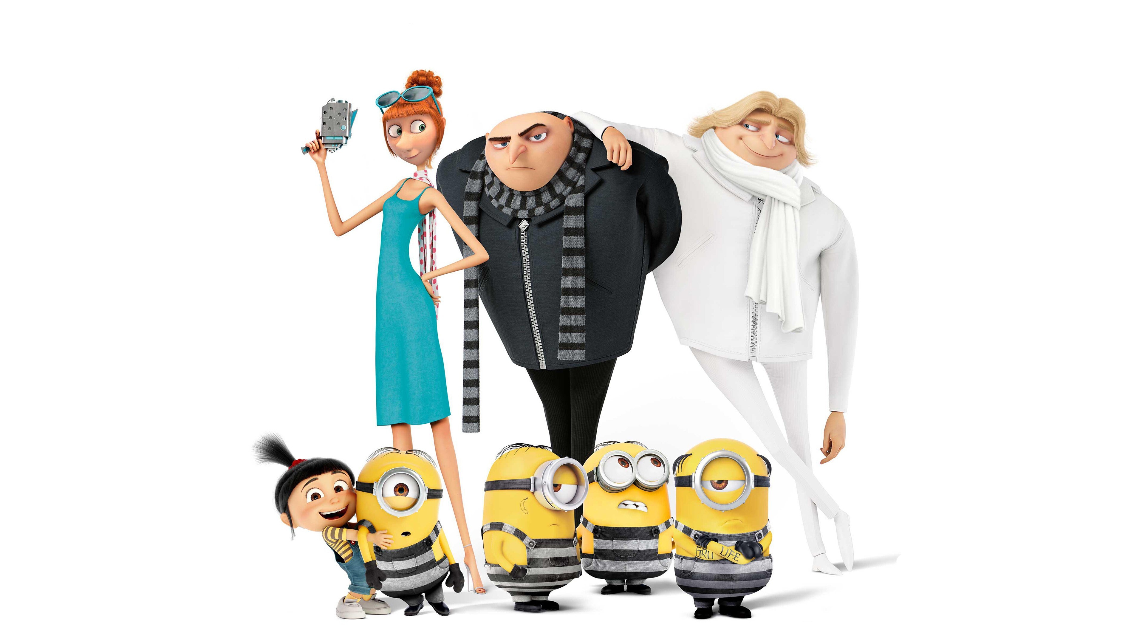 Despicable Me: Gru, Lucy Wilde, Dru, Minions, Agnes, Produced by Illumination. 3840x2160 4K Background.